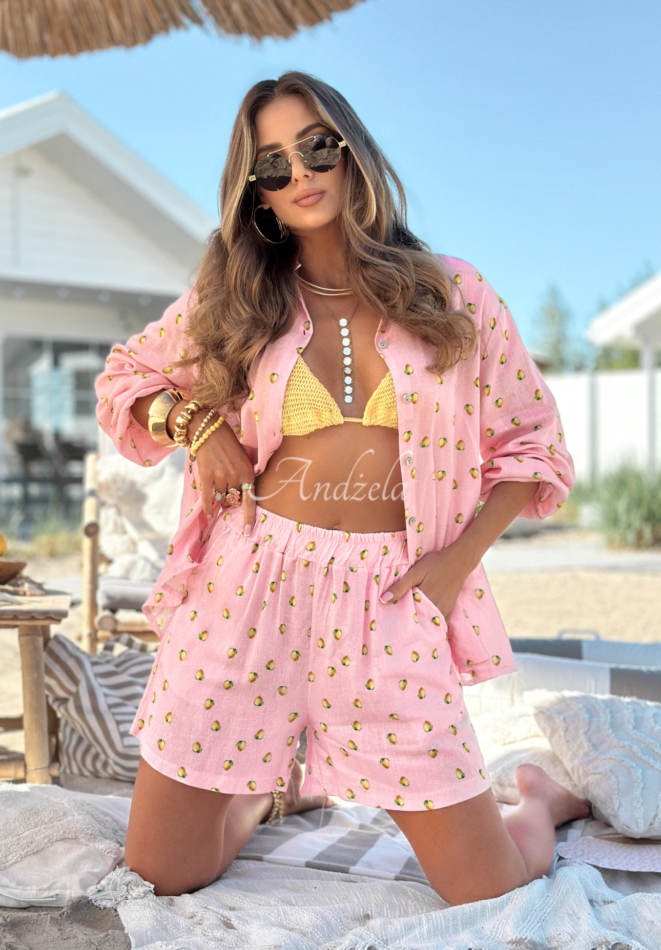 Linen set of shirt and short shorts in lemons Fresh Lemon Juice powder pink