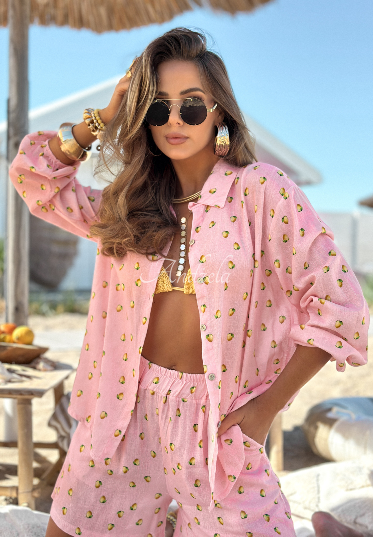 Linen set of shirt and short shorts in lemons Fresh Lemon Juice powder pink