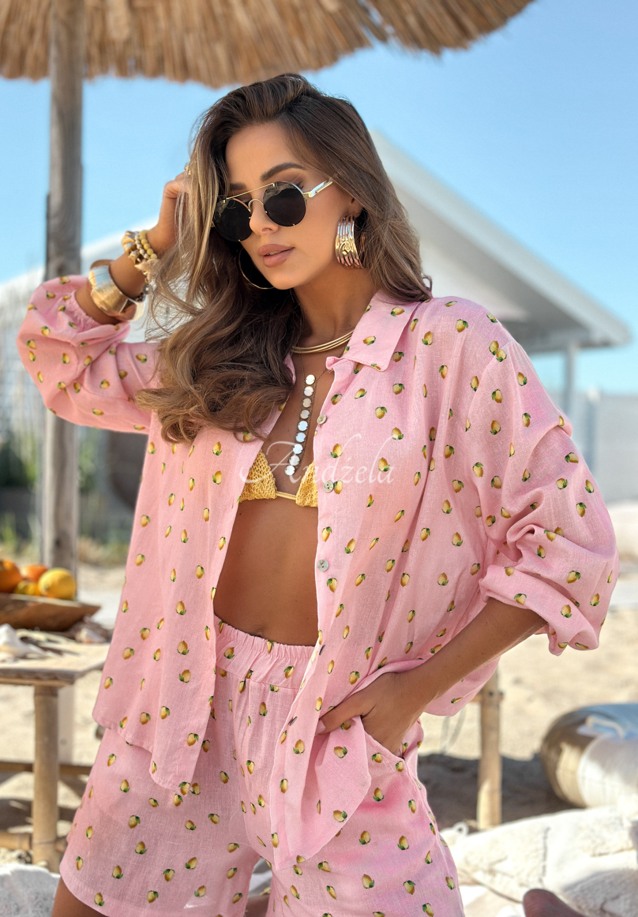 Linen set of shirt and short shorts in lemons Fresh Lemon Juice powder pink