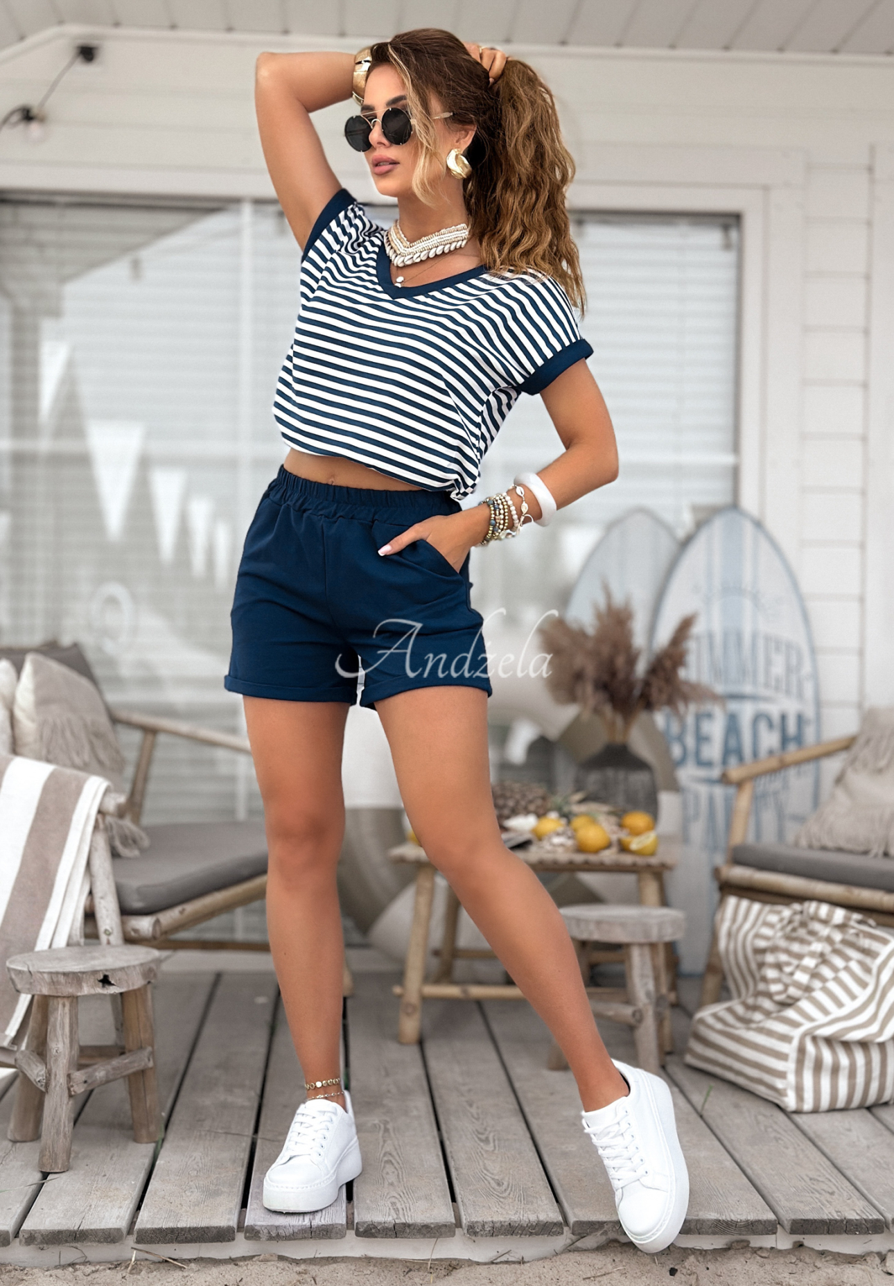 All About You striped short set white and navy blue