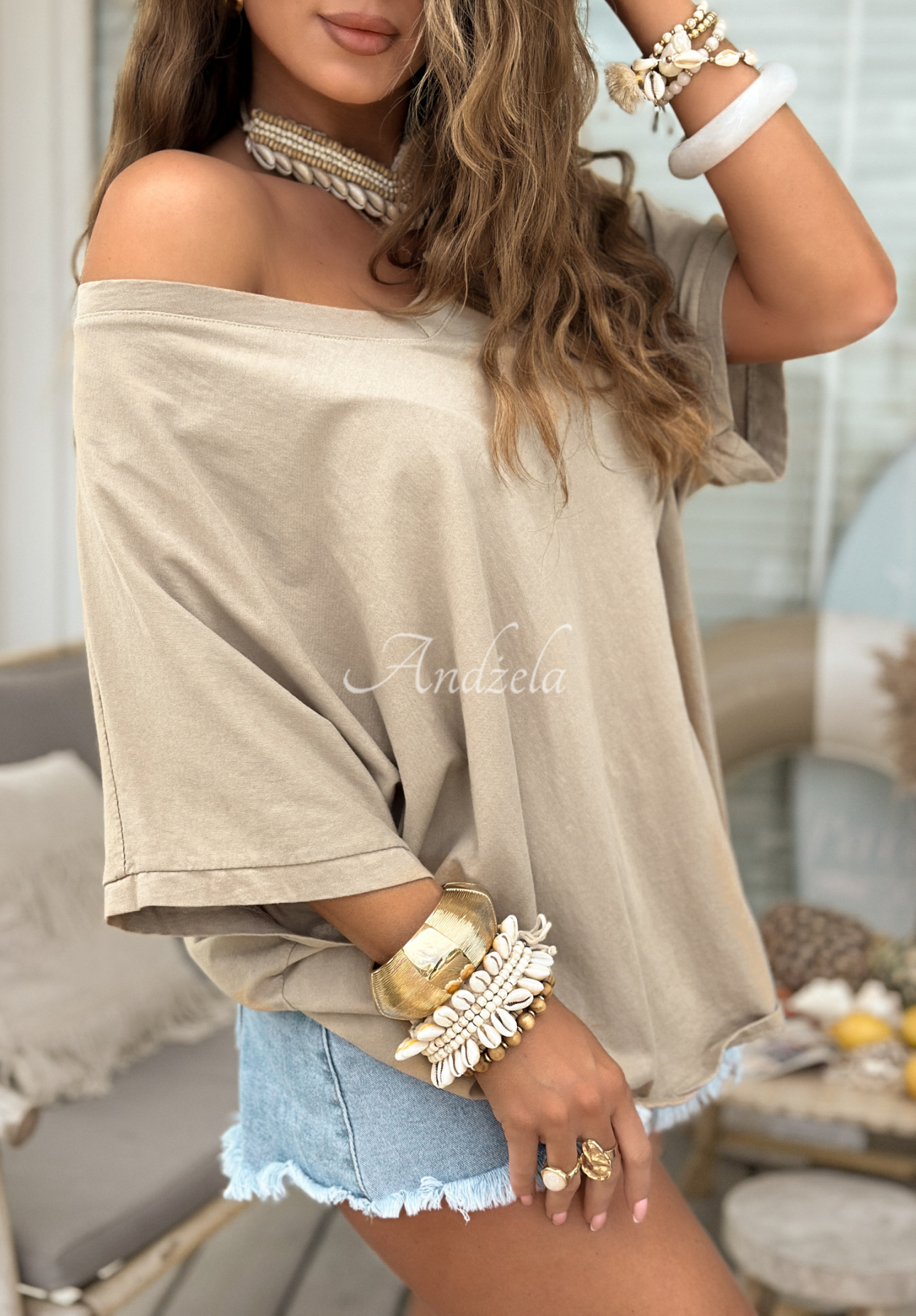 Bawełniany T-shirt oversize Need To Breathe jasnobeżowy