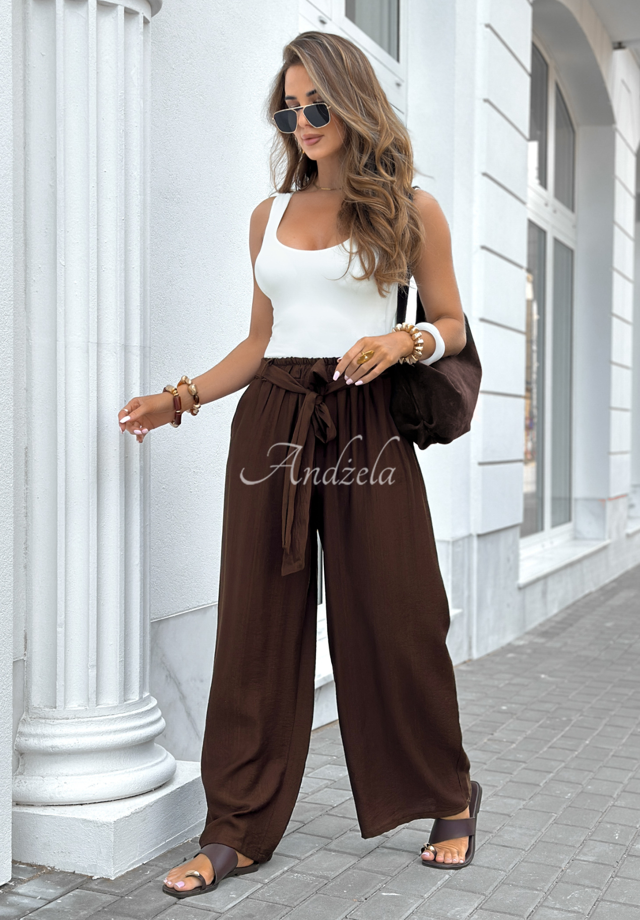 Wiskozowe spodnie wide leg z paskiem Jefferson City czekoladowe