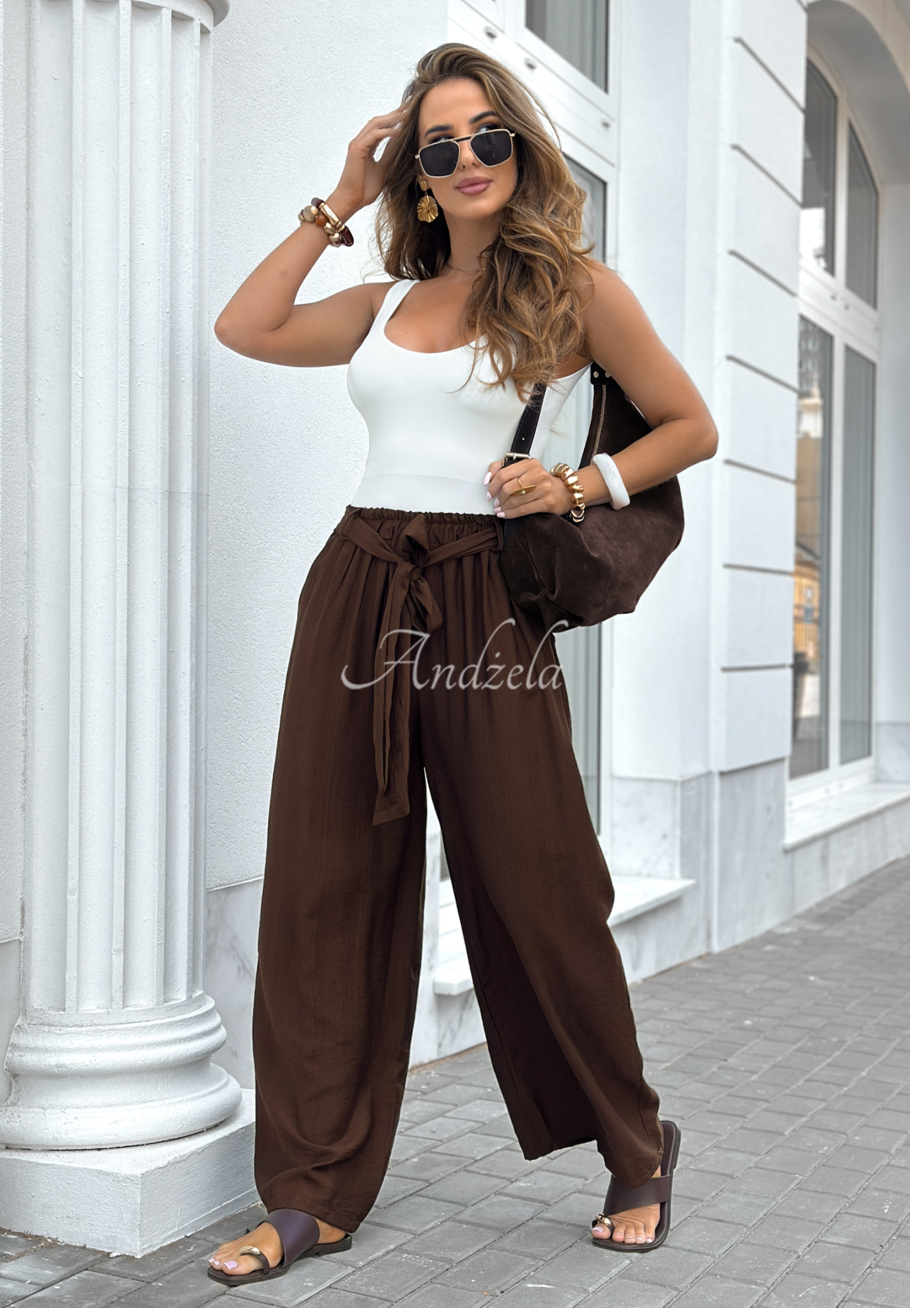 Viscose wide leg pants with belt Jefferson City chocolate