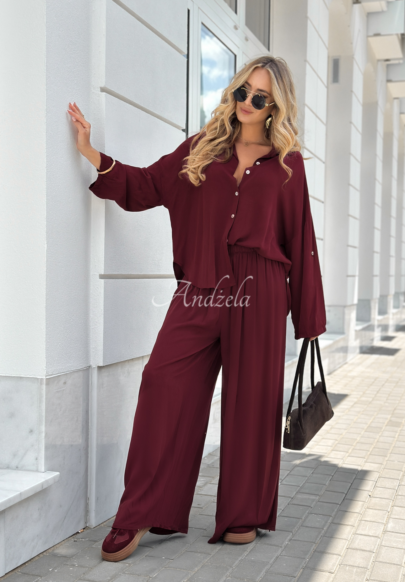 Viscose set wide leg shirt and pants Summer Skies burgundy