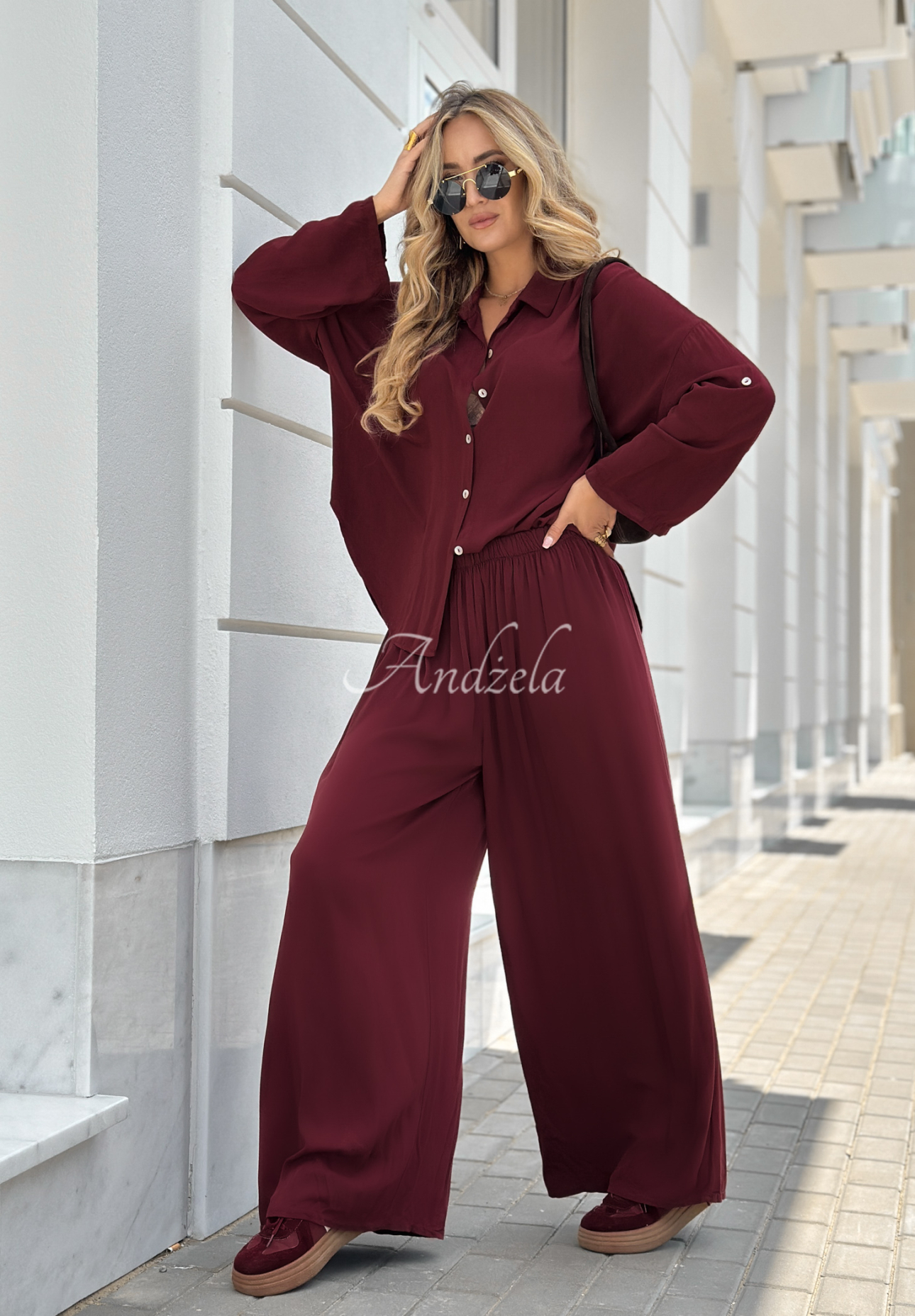 Wiskozowy komplet koszula i spodnie wide leg Summer Skies burgundowy