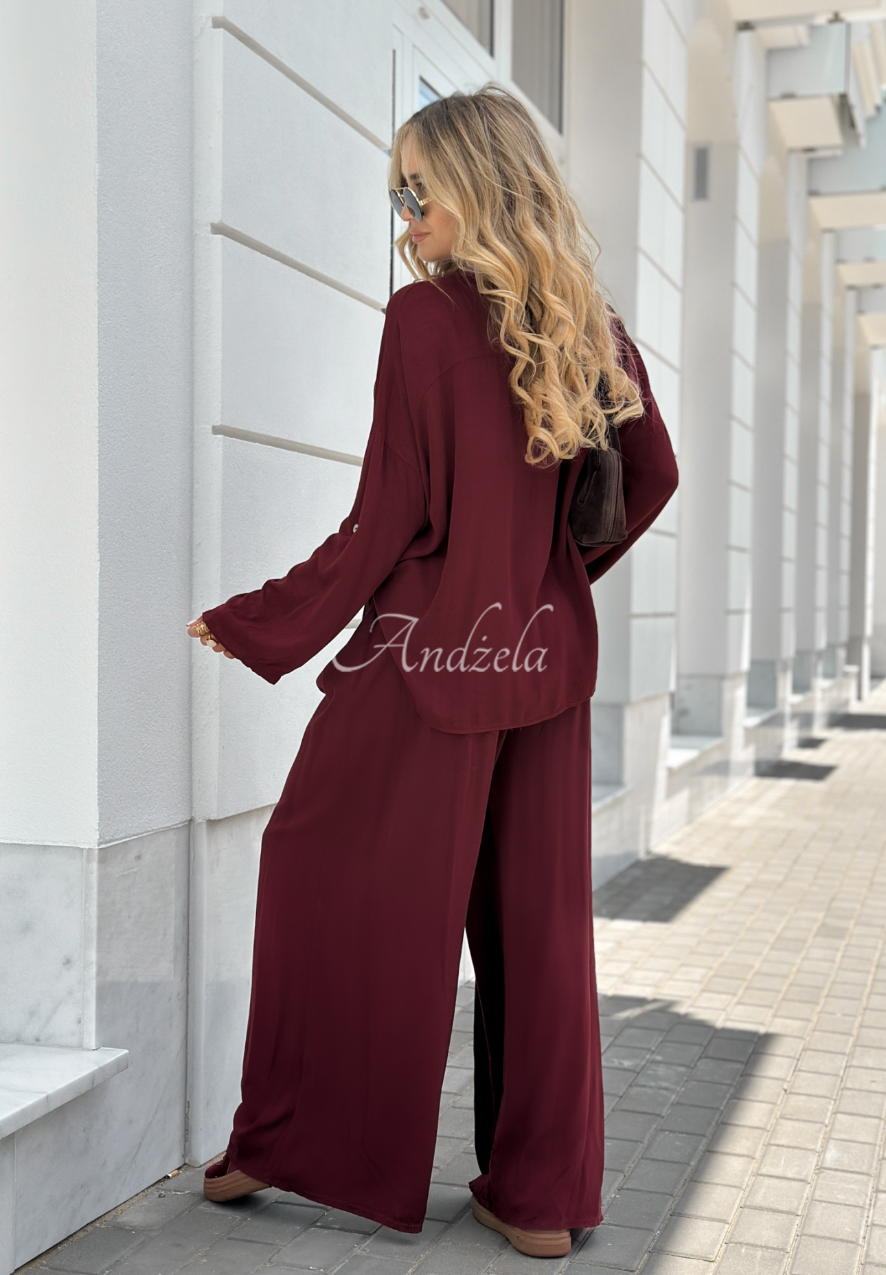 Viscose set wide leg shirt and pants Summer Skies burgundy