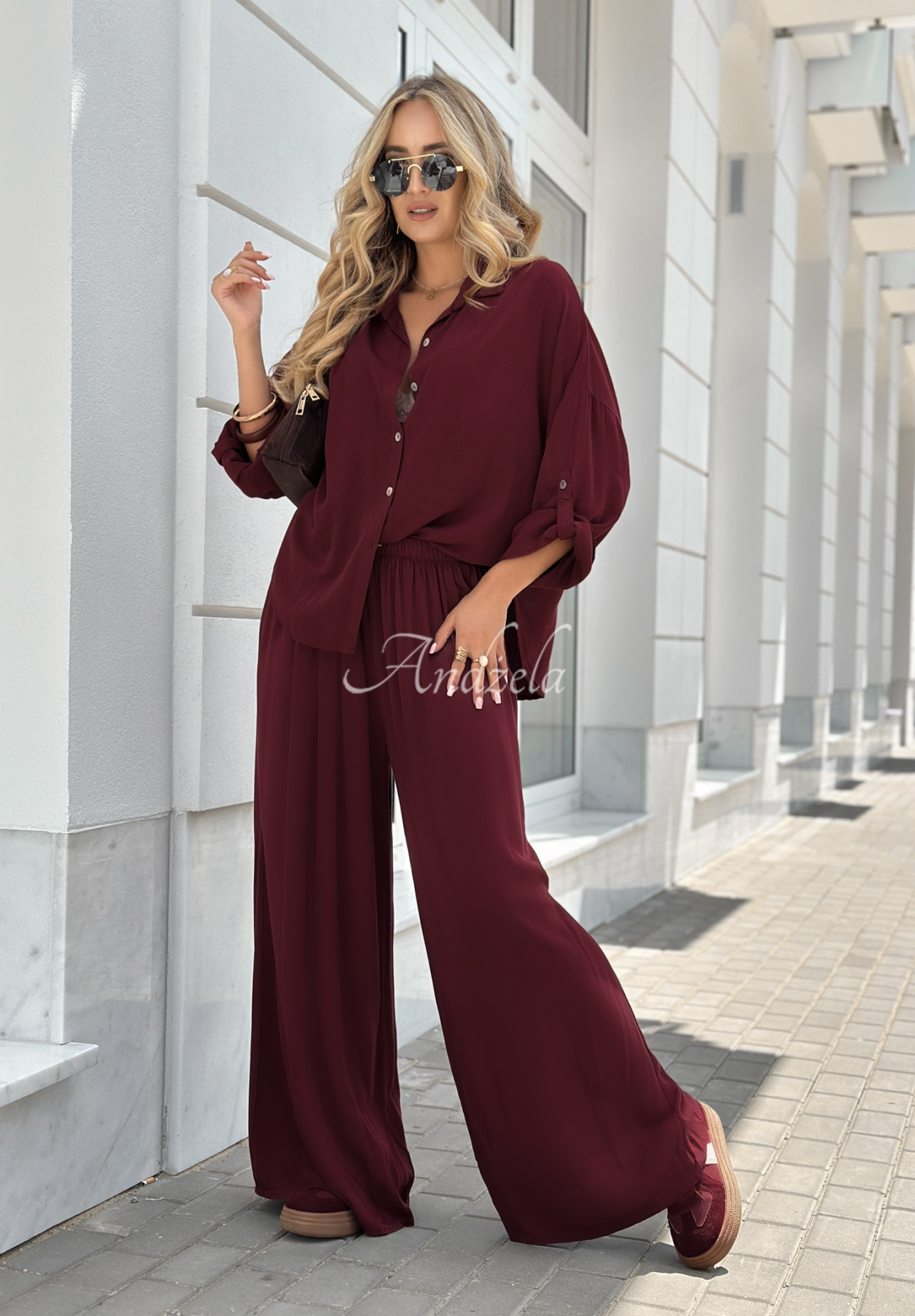 Viscose set wide leg shirt and pants Summer Skies burgundy
