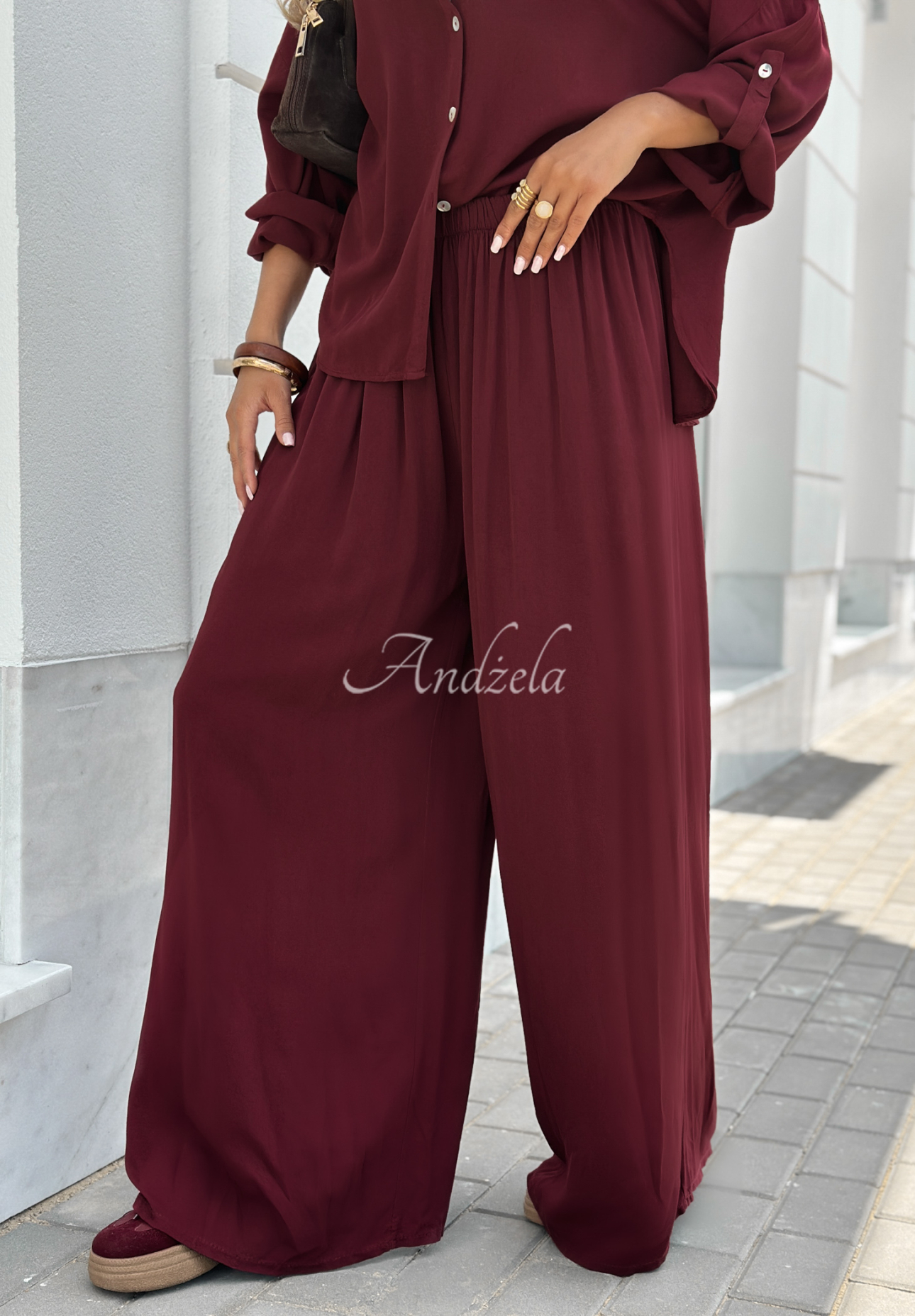 Viscose set wide leg shirt and pants Summer Skies burgundy