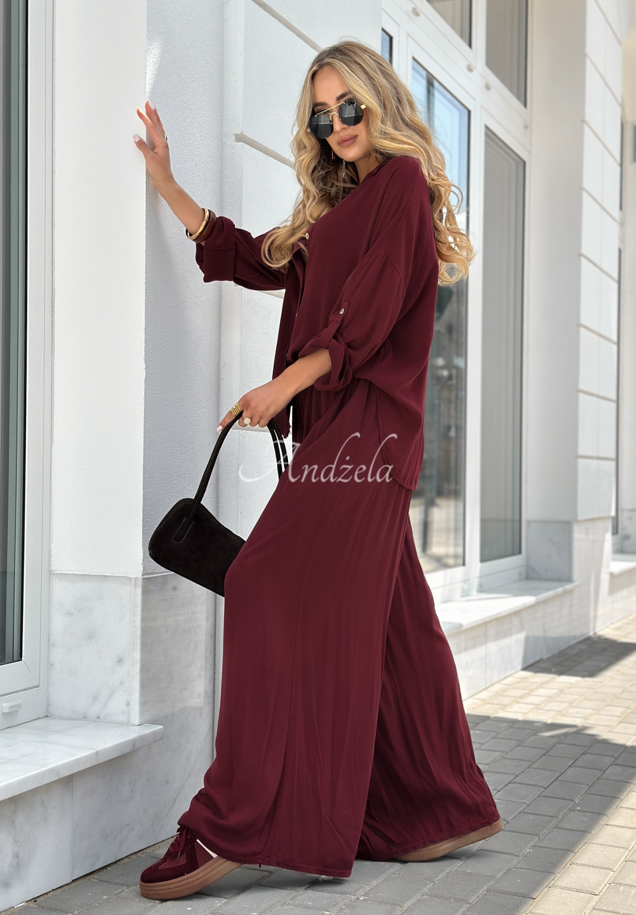 Viscose set wide leg shirt and pants Summer Skies burgundy