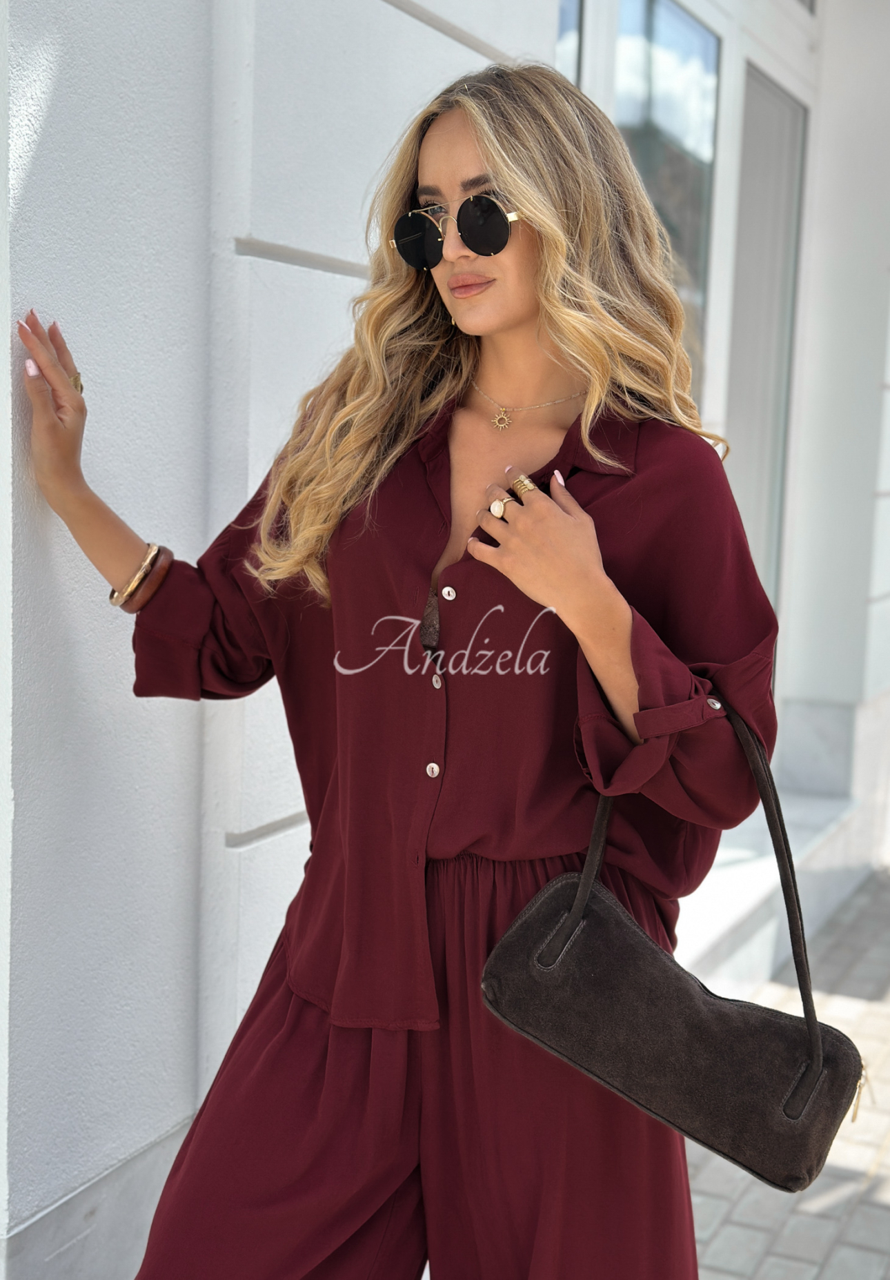 Viscose set wide leg shirt and pants Summer Skies burgundy
