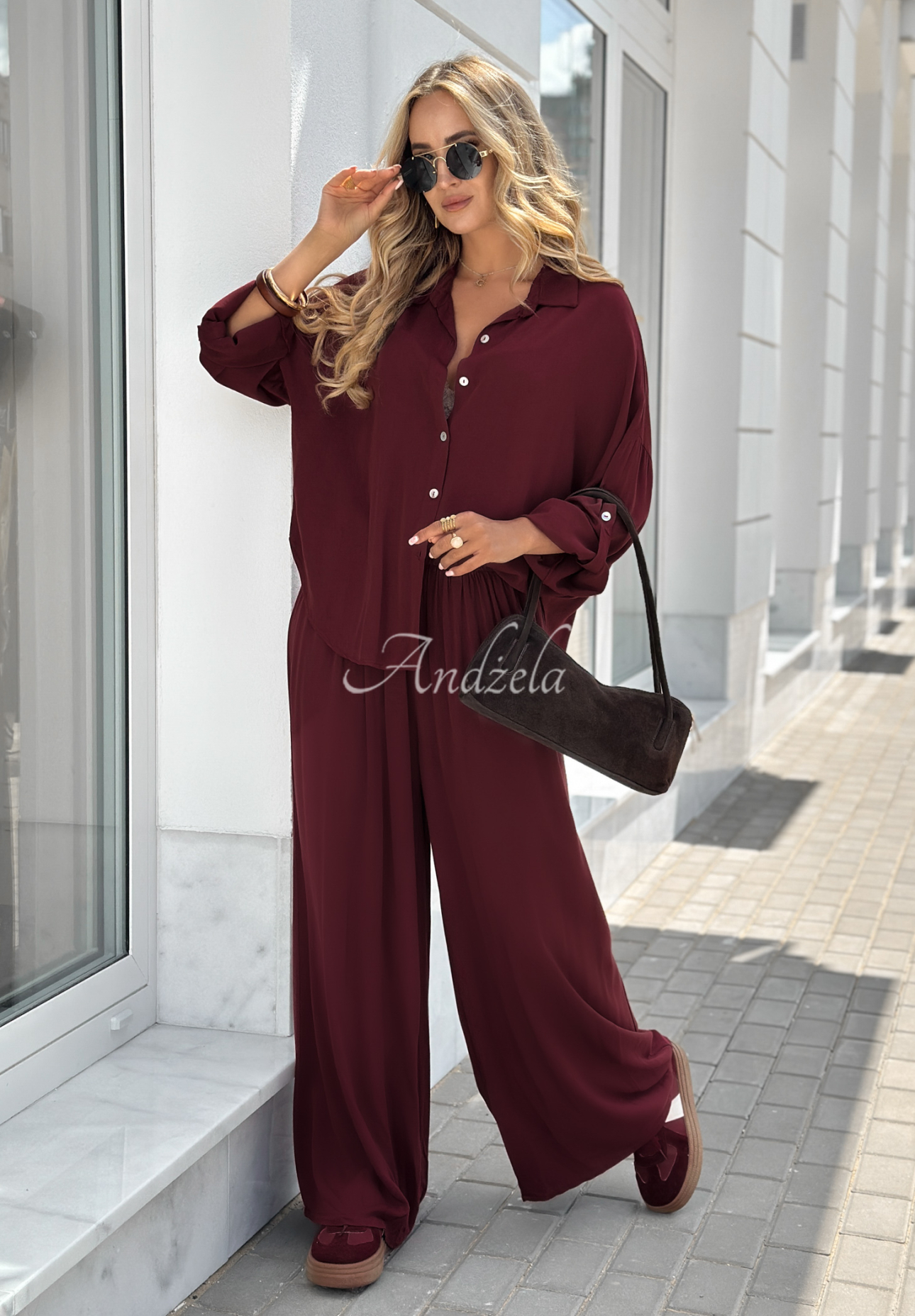 Viscose set wide leg shirt and pants Summer Skies burgundy
