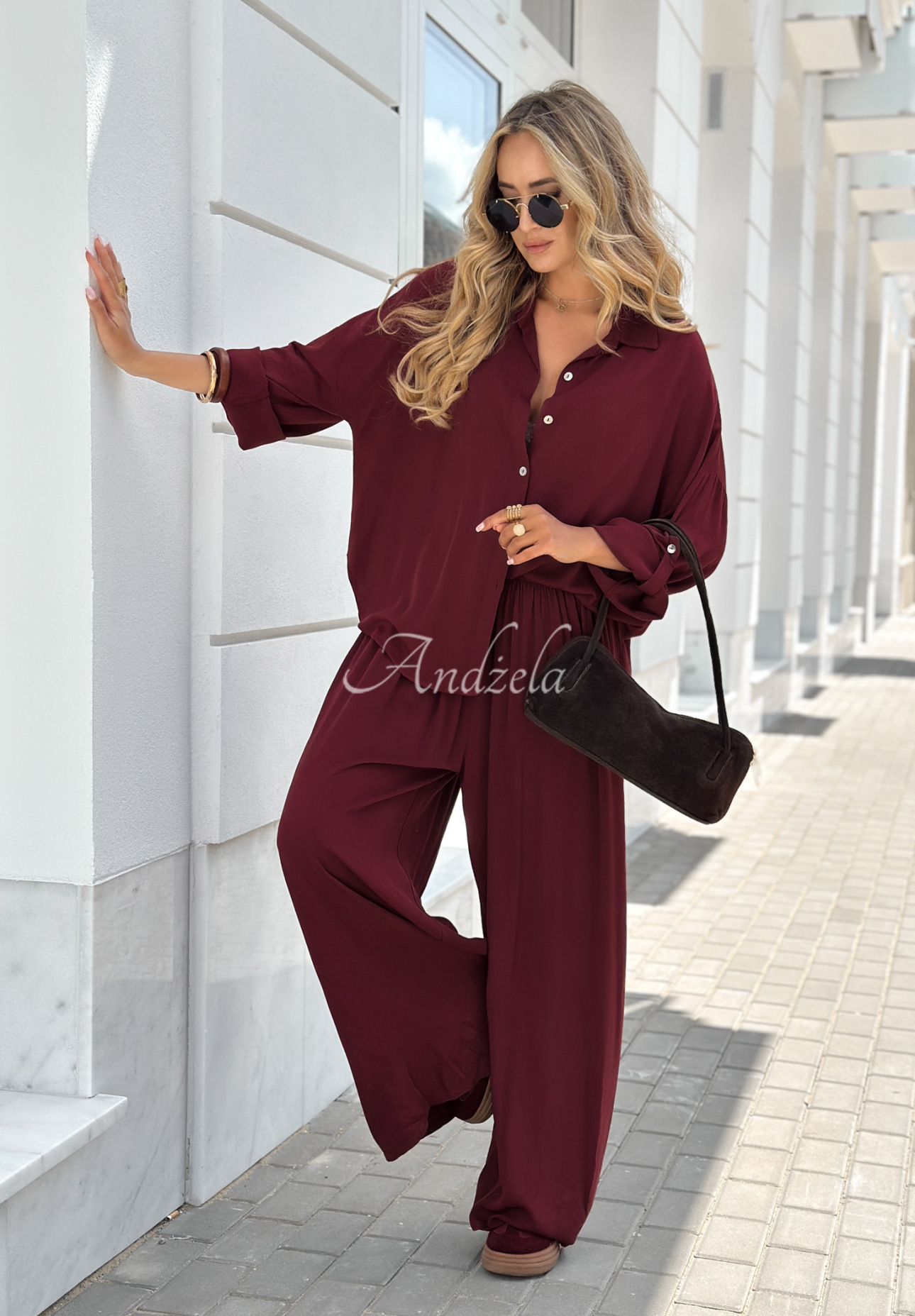 Viscose set wide leg shirt and pants Summer Skies burgundy