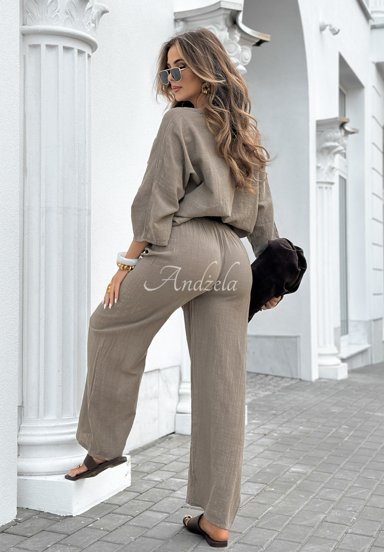 Telling You mocha wide leg blouse and pants set