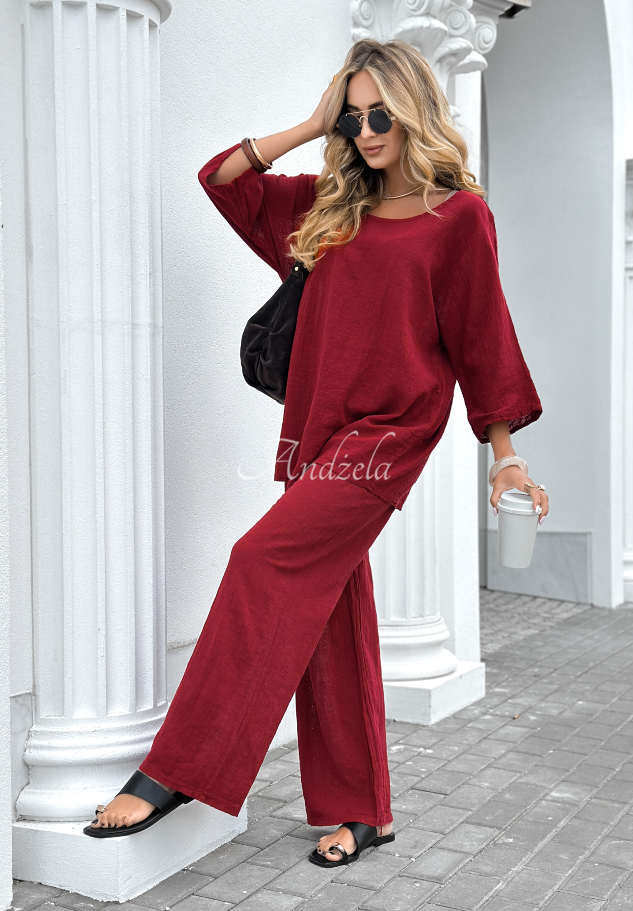 Telling You burgundy wide leg blouse and pants set
