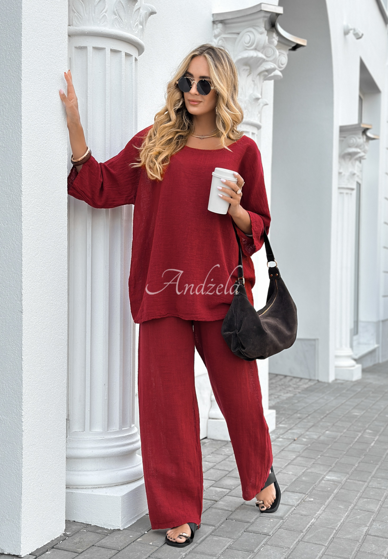 Telling You burgundy wide leg blouse and pants set