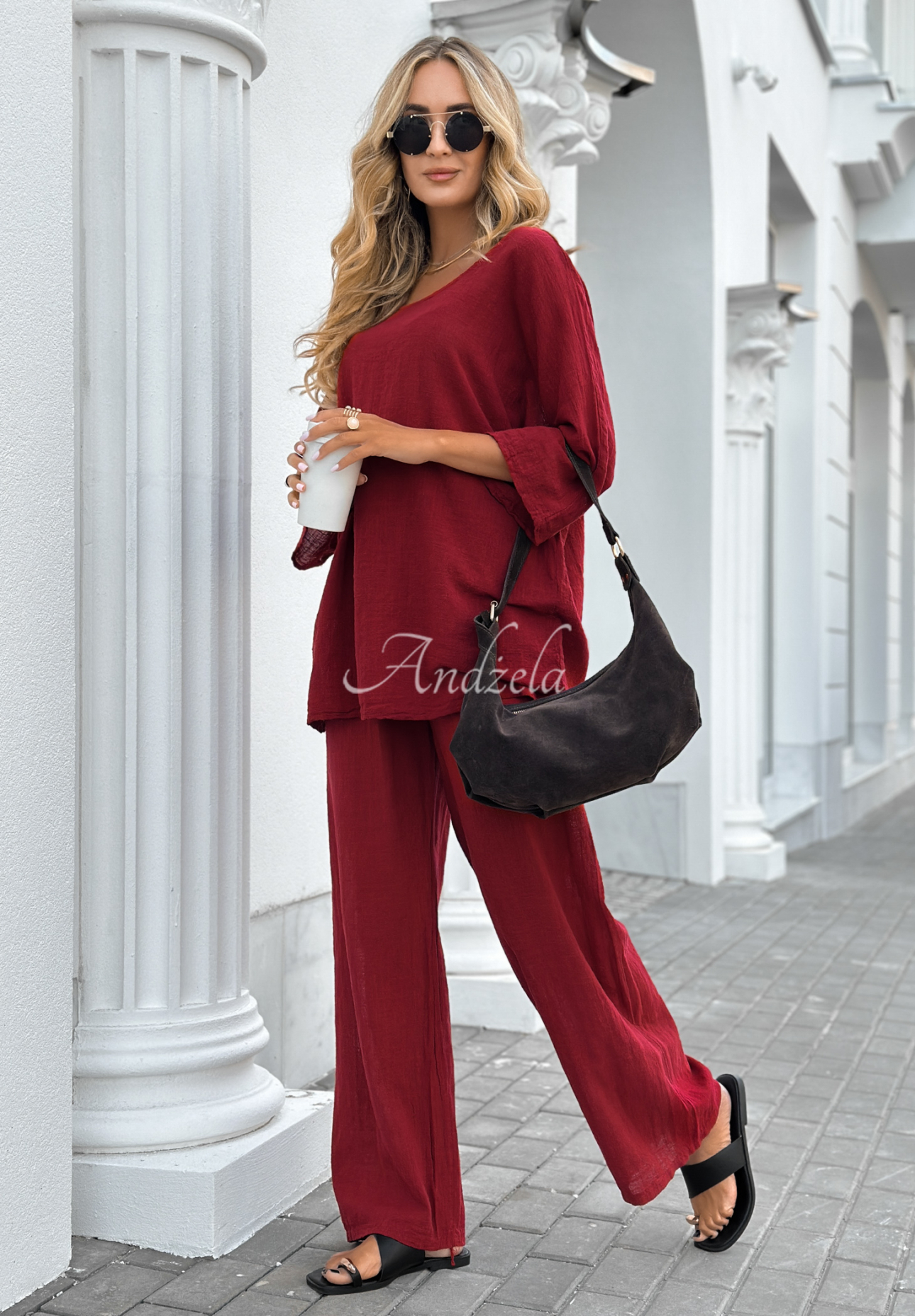 Telling You burgundy wide leg blouse and pants set