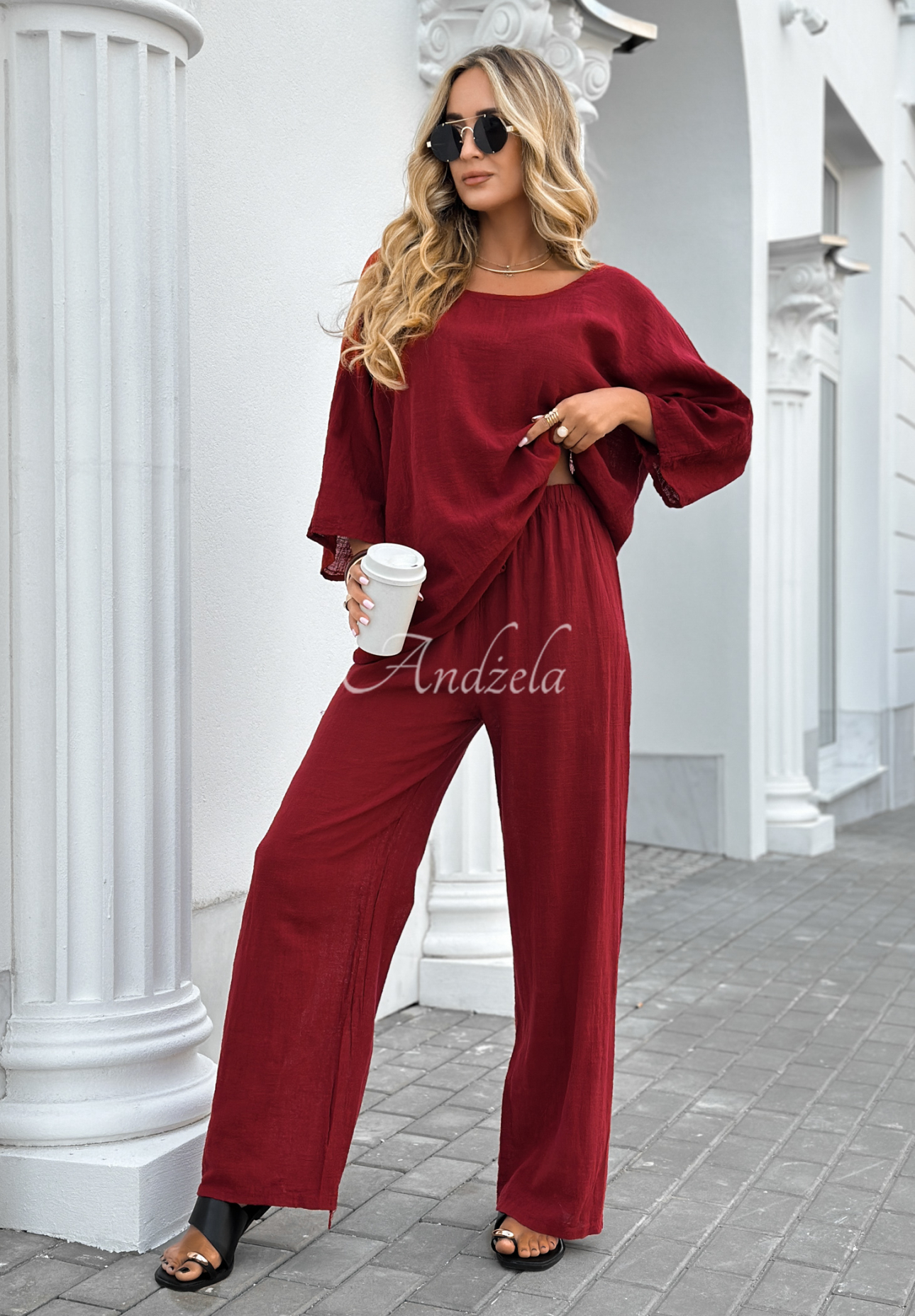 Telling You burgundy wide leg blouse and pants set