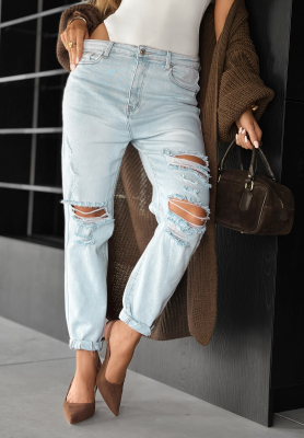 Spodnie jeansowe z przetarciami mom fit Miss Ripps jasnoniebieskie