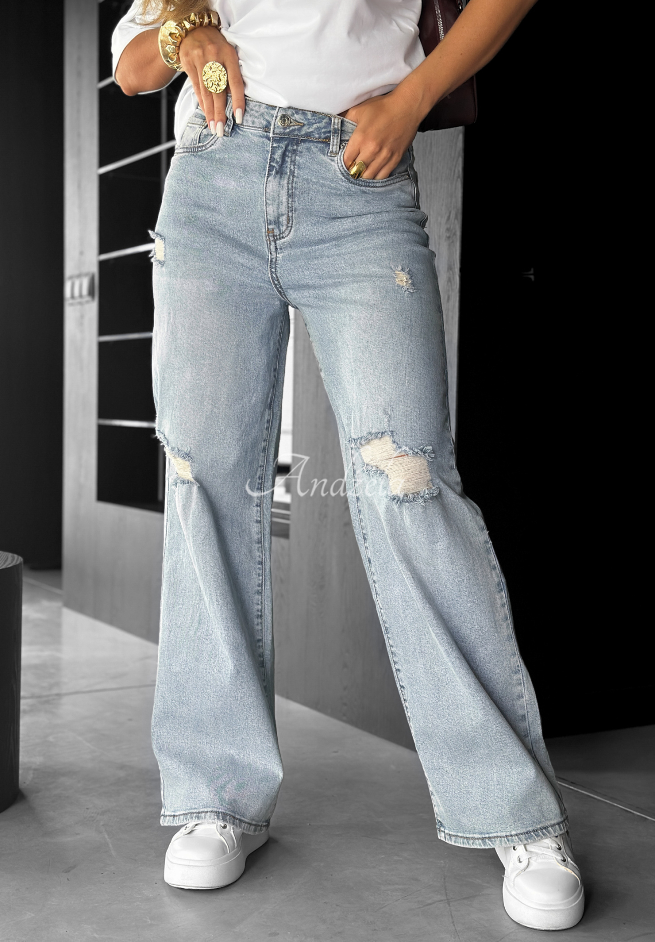 Denim wide leg pants with rubbing I Think So light blue