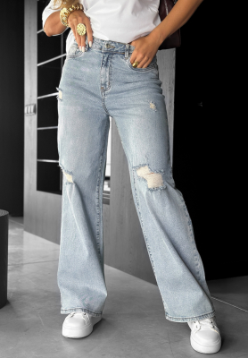 Denim wide leg pants with rubbing I Think So light blue