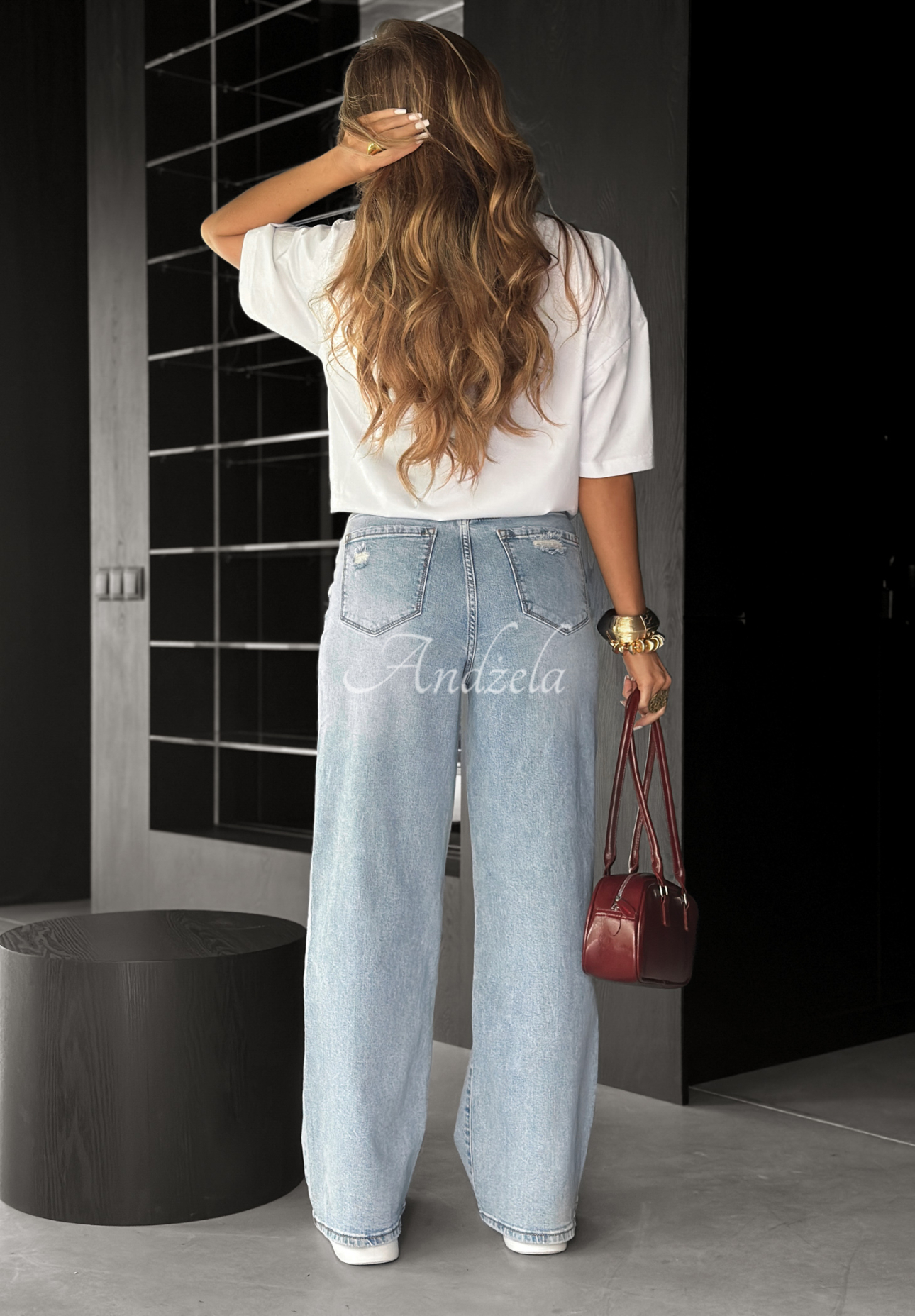 Denim wide leg pants with rubbing I Think So light blue