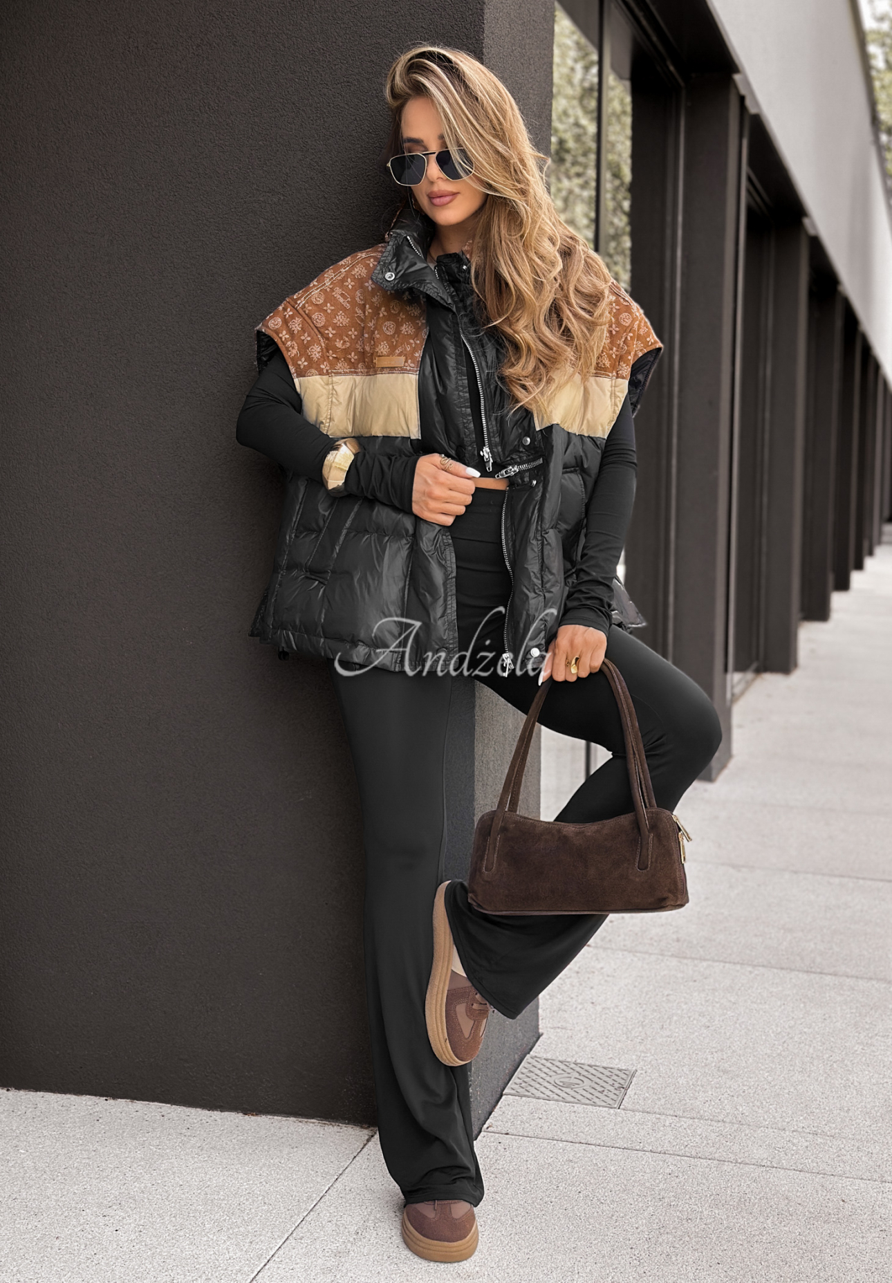 Just You patterned down vest black and brown