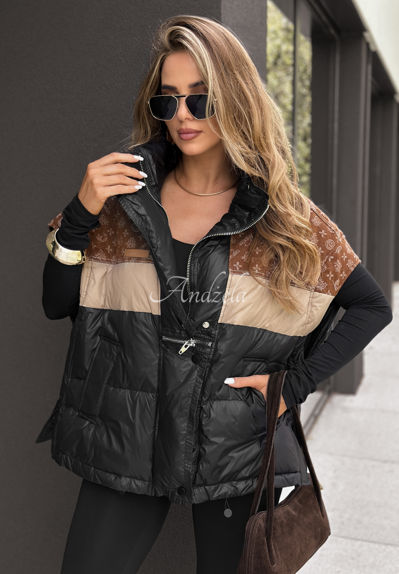 Just You patterned down vest black and brown