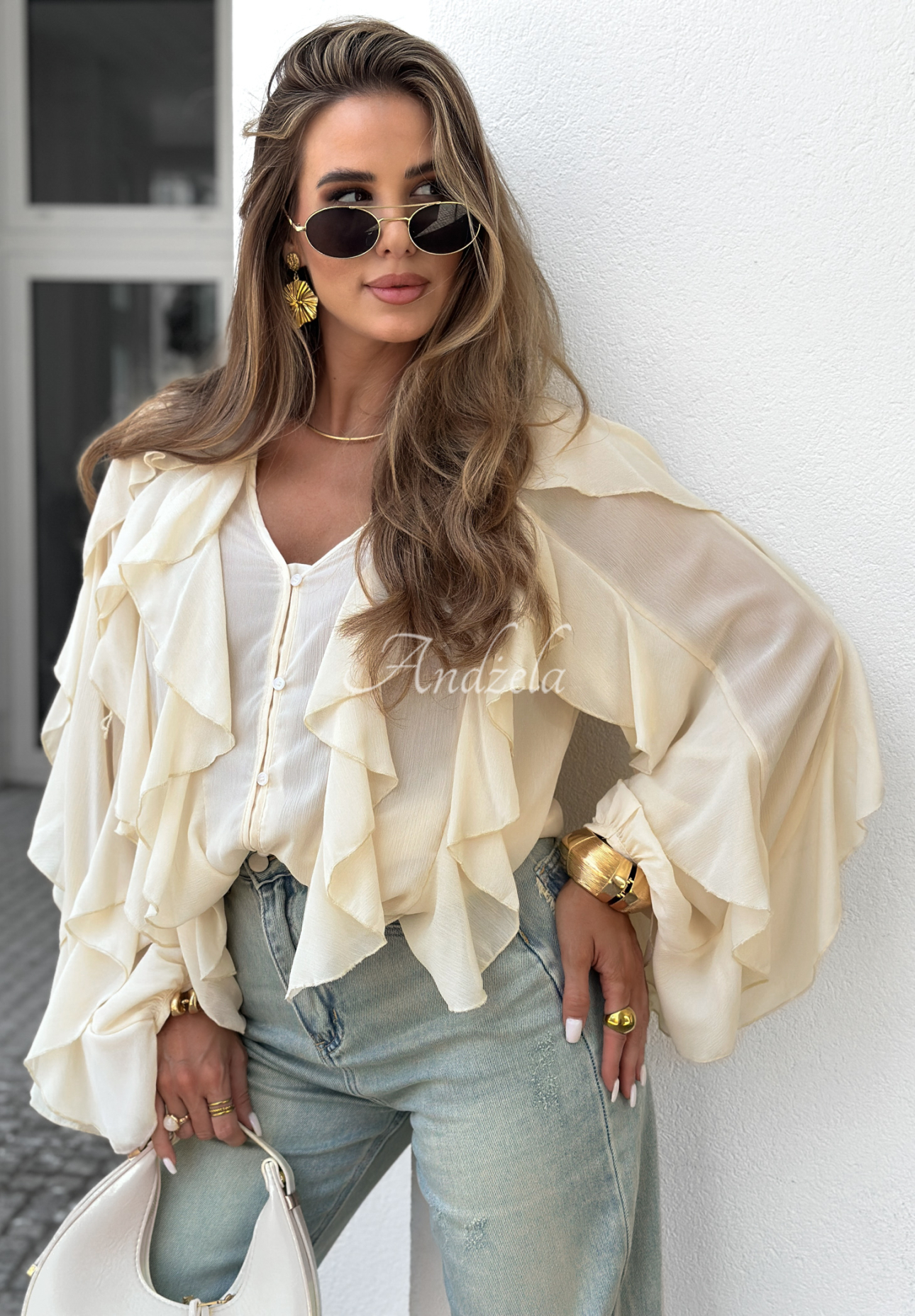 Wiskozowa koszula z falbankami Flowy Dreams waniliowa