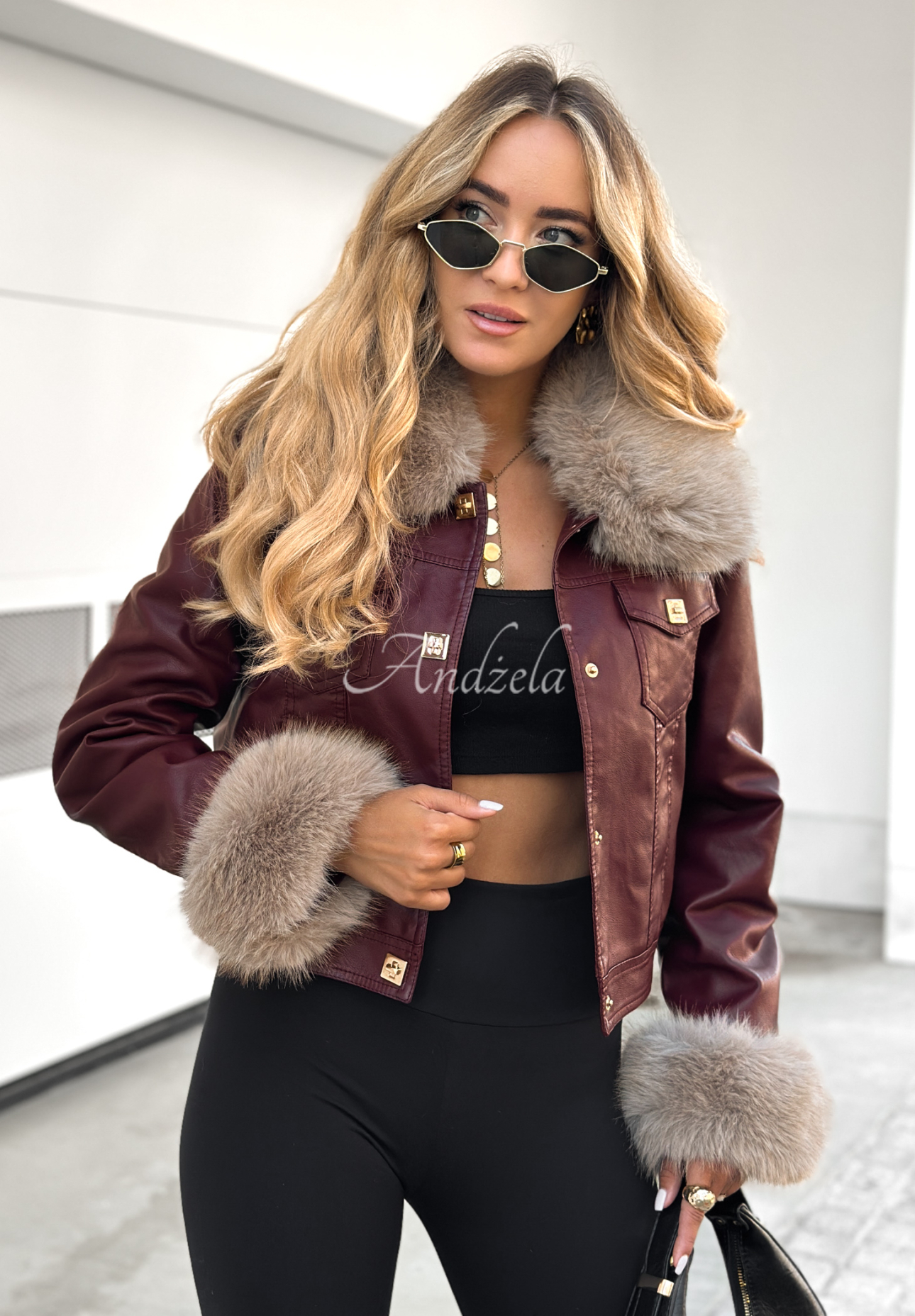 Dare To Do burgundy leather jacket with fur.