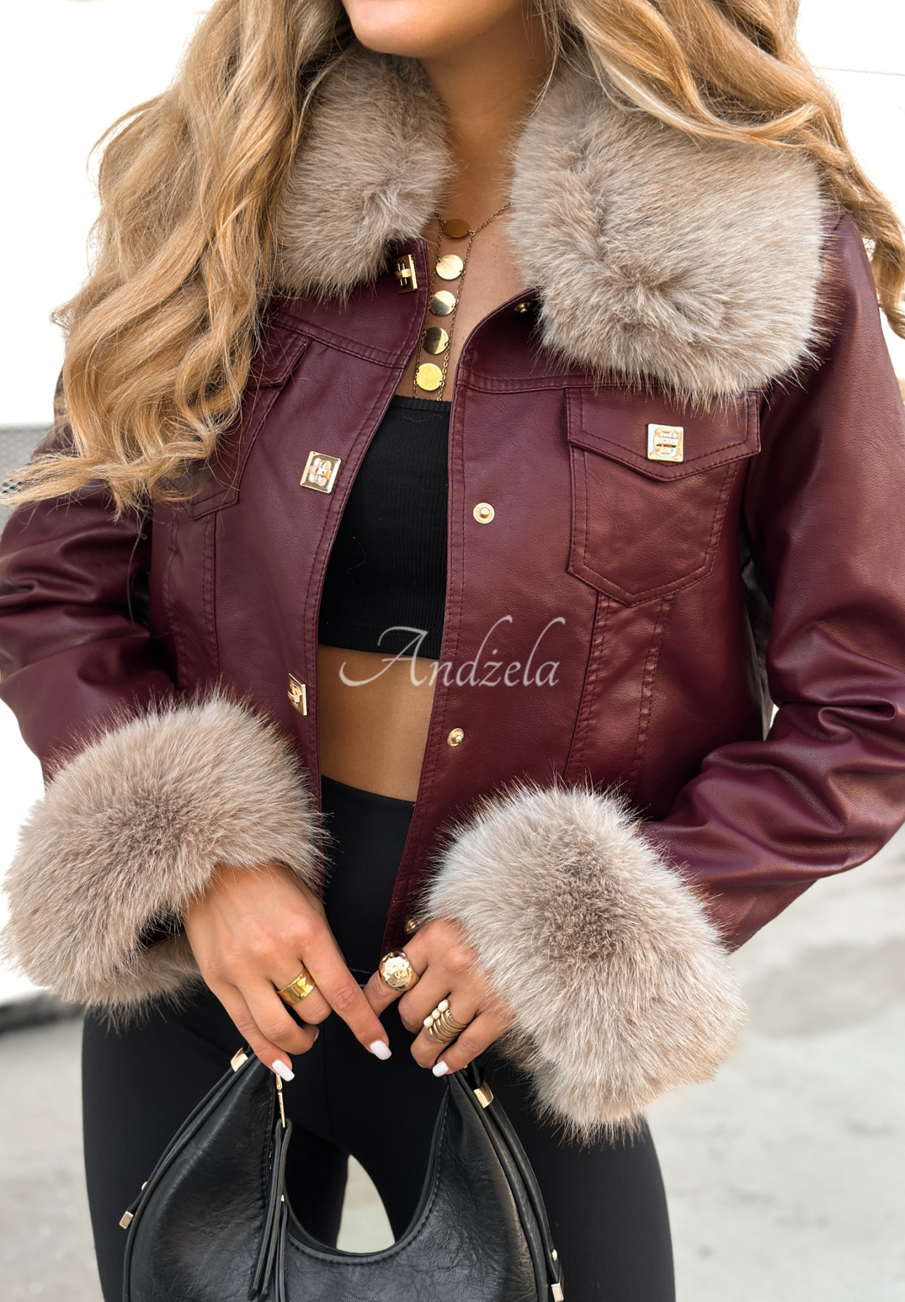 Dare To Do burgundy leather jacket with fur.
