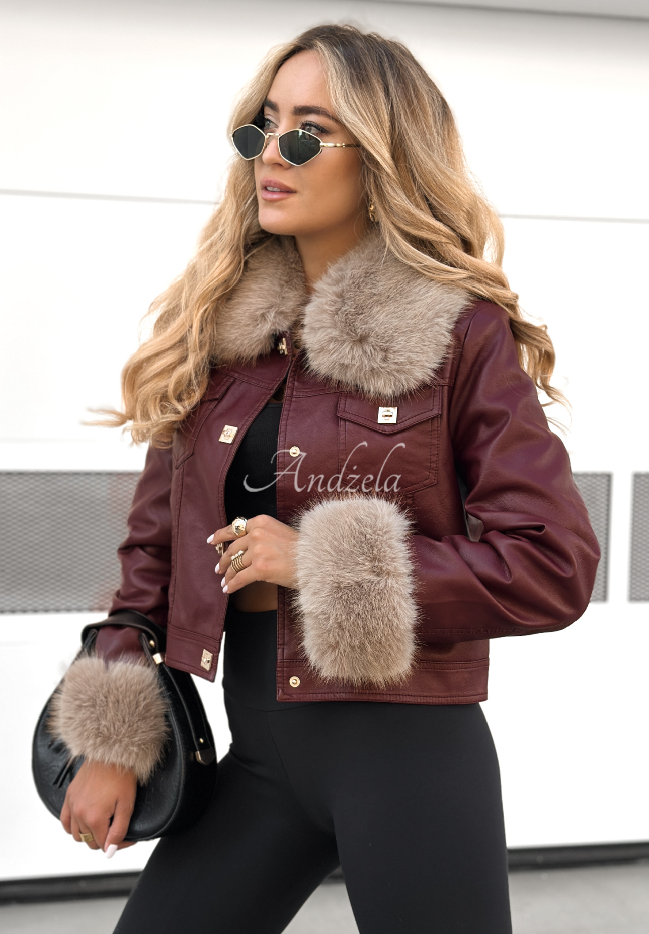 Dare To Do burgundy leather jacket with fur.