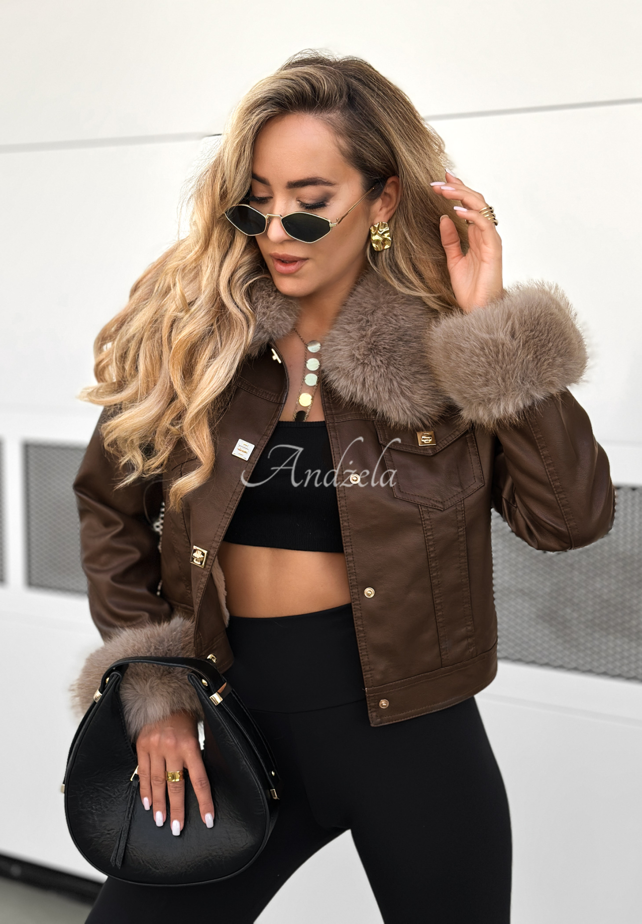 Dare To Do leather jacket with faux fur in chocolate