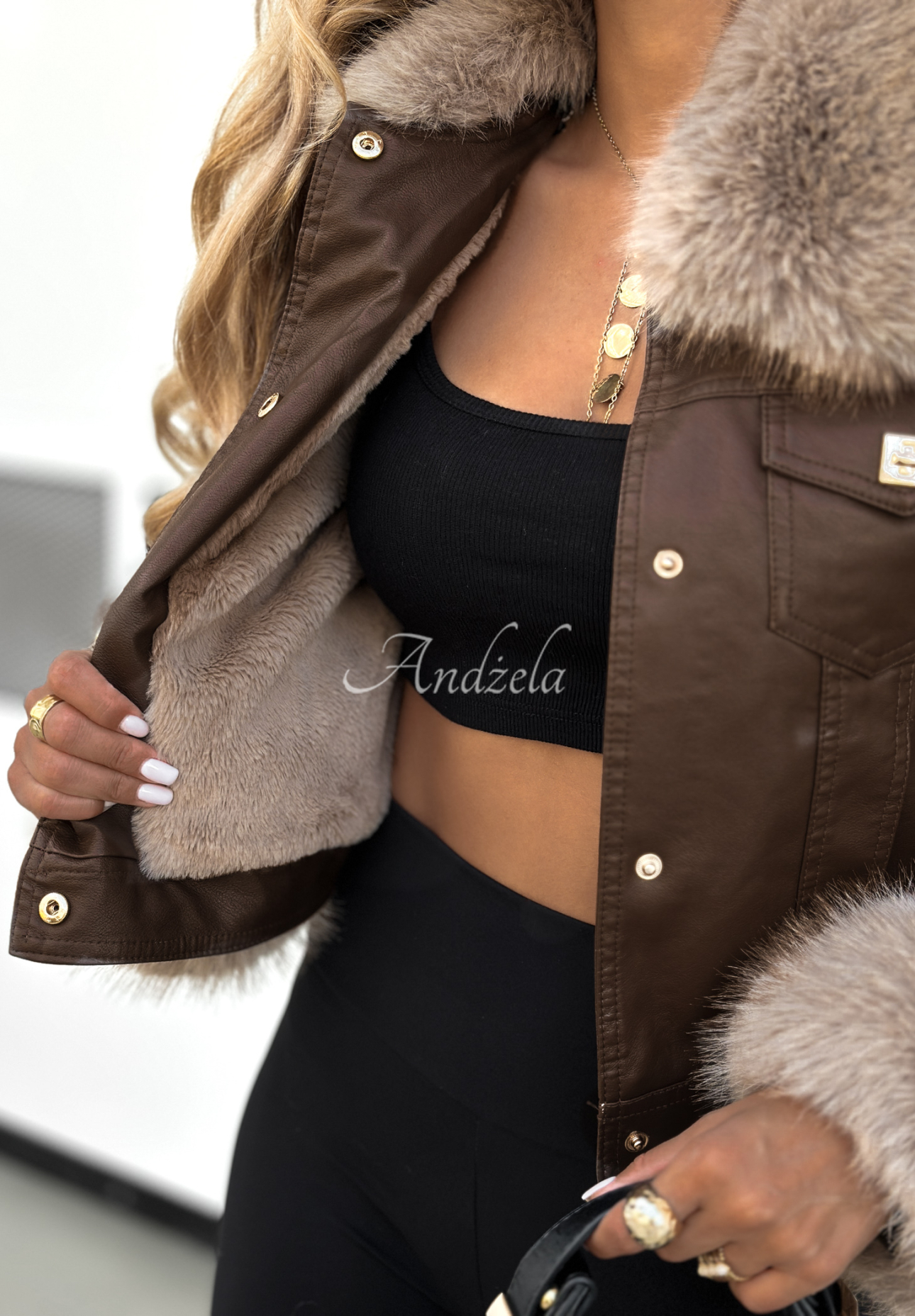 Dare To Do leather jacket with faux fur in chocolate