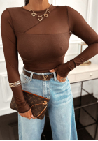 Dopasowana bluzka z ozdobnym dekoltem Found It czekoladowa