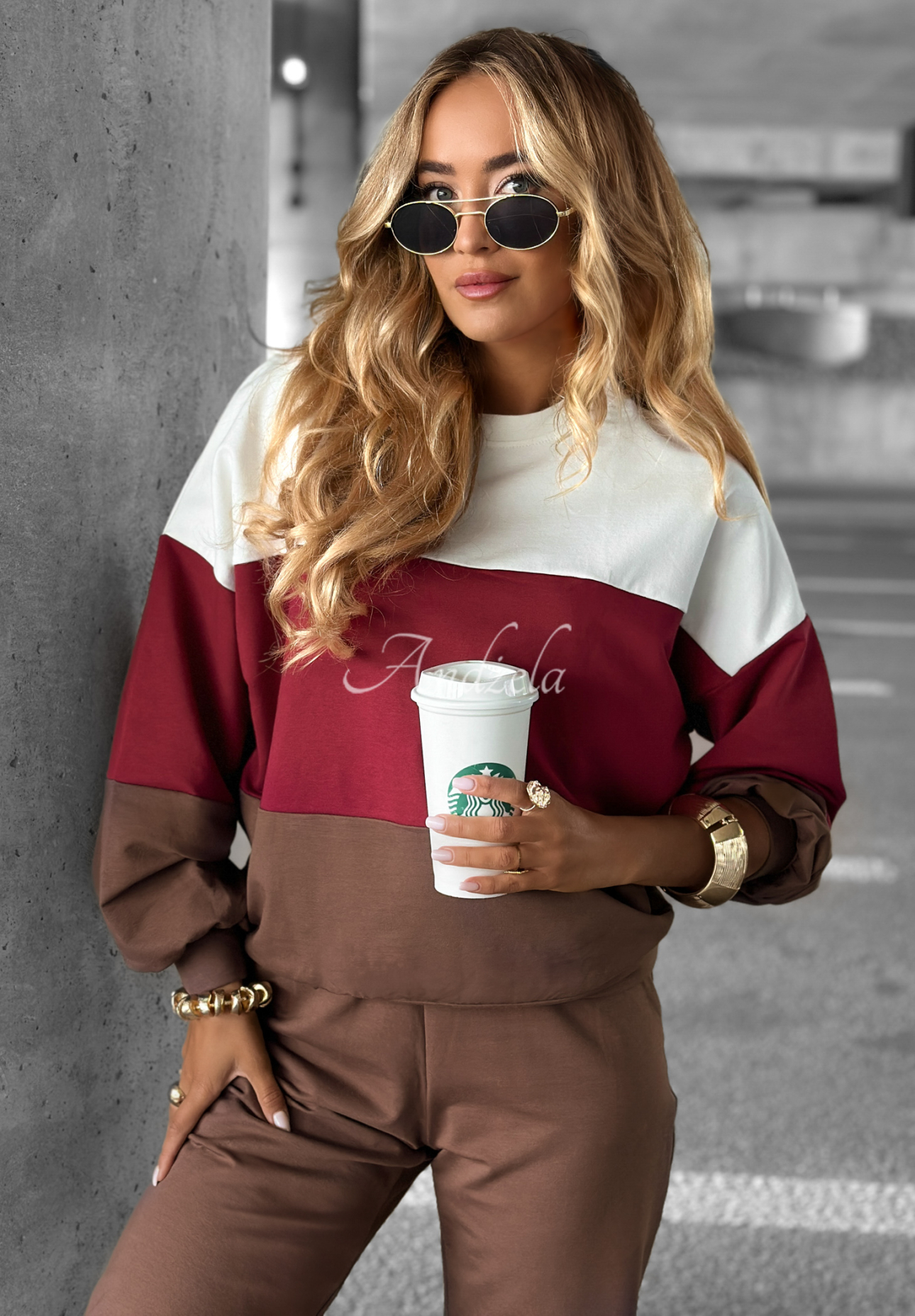 Komplet dresowy bluza i spodnie Just A Look czekoladowo-burgundowy