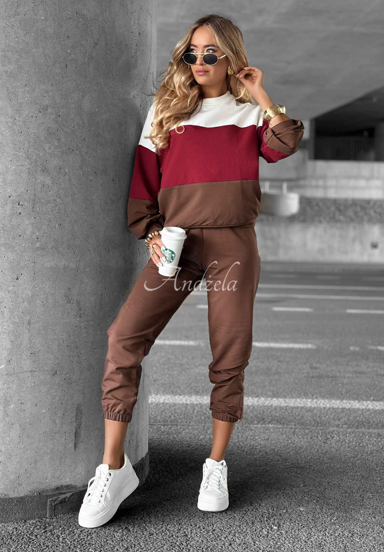 Komplet dresowy bluza i spodnie Just A Look czekoladowo-burgundowy