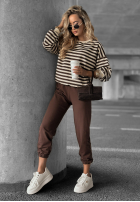 Komplet dresowy bluza i spodnie w paski Low Battery waniliowo-czekoladowy