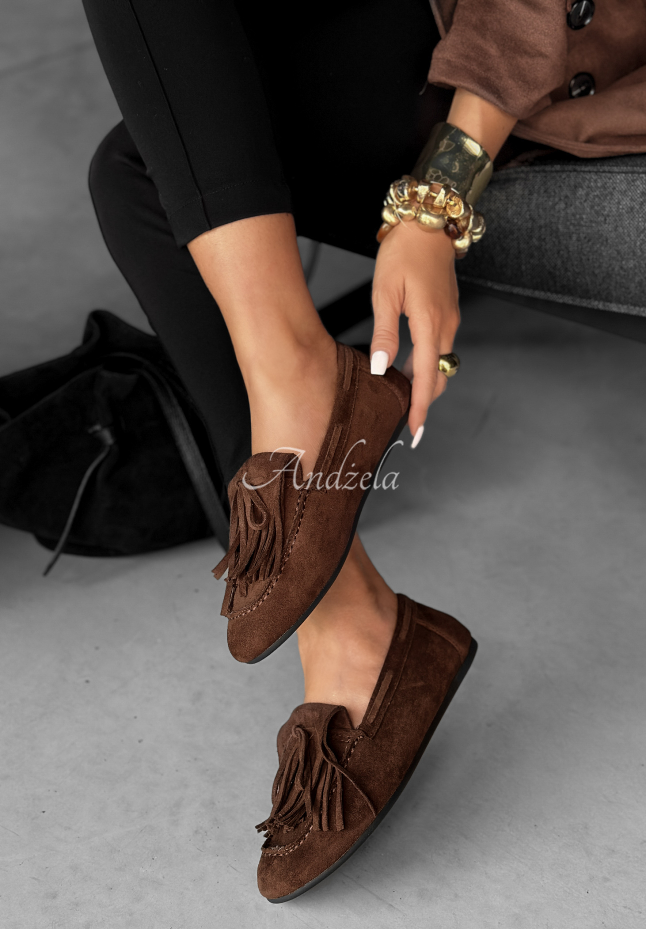 Zamszowe mokasyny z frędzlami One More Walk czekoladowe