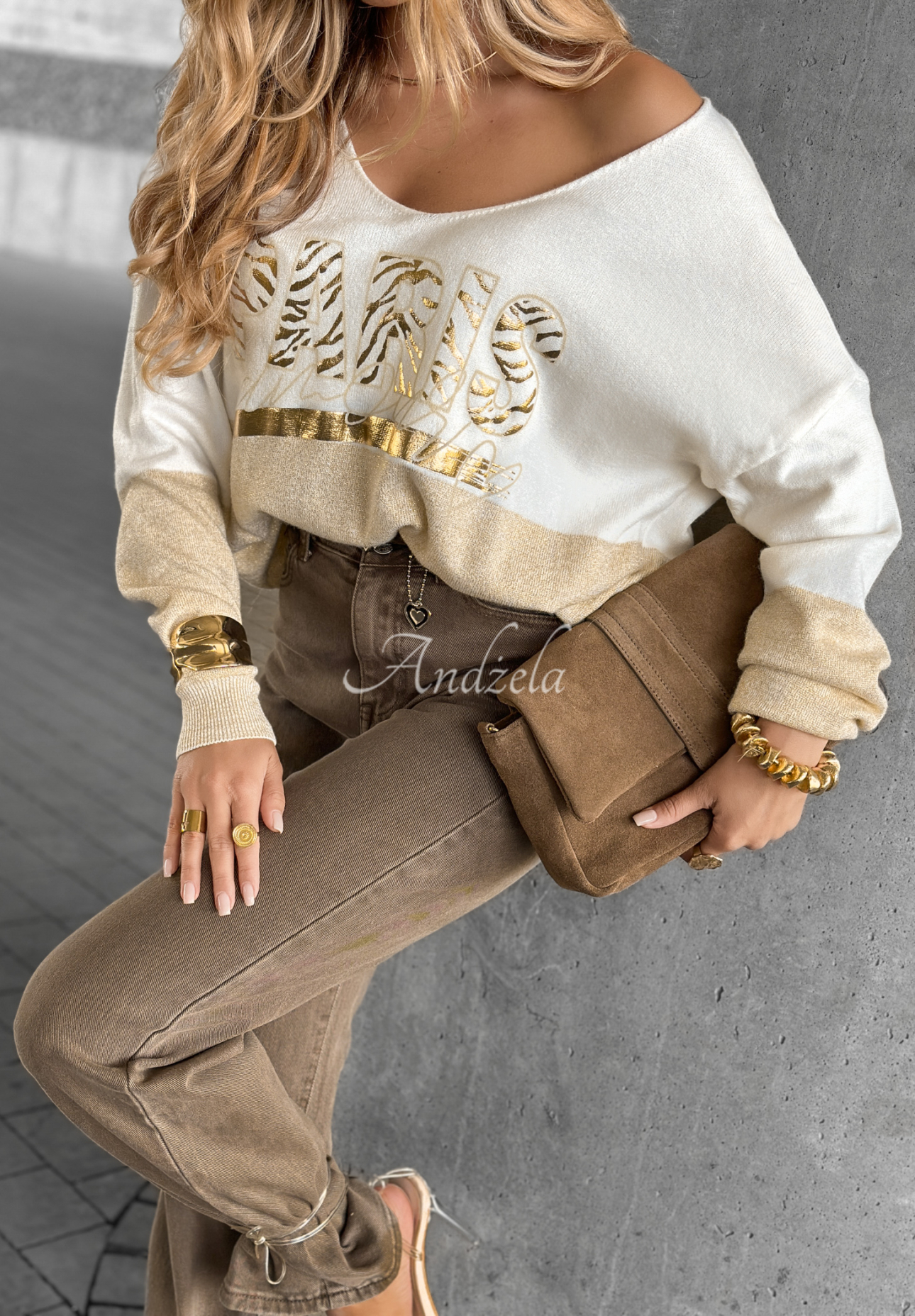 Golden Paris printed sweater white and beige