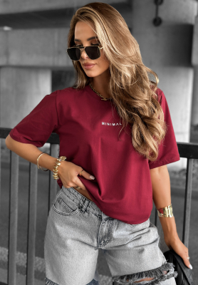 Bawełniany T-shirt z napisem Minimal burgundowy