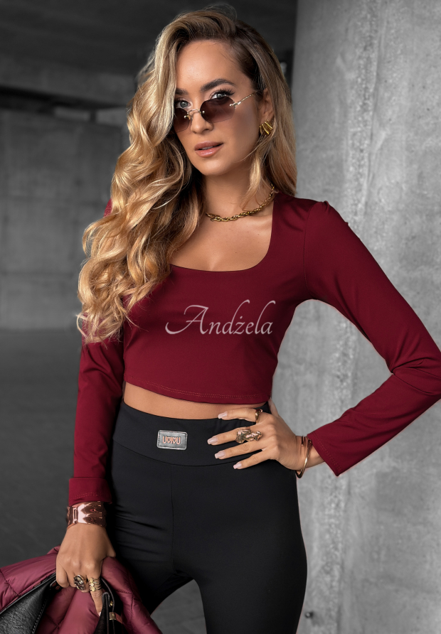 Kr&oacute;tka bluzka longsleeve z dekoltem Go Ahead burgundowa