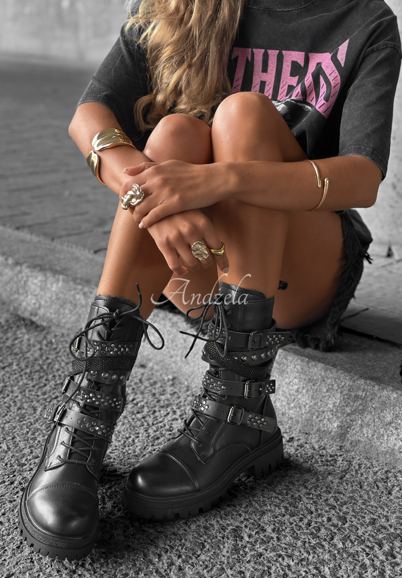 Monterey Park black leather strappy bagger boots