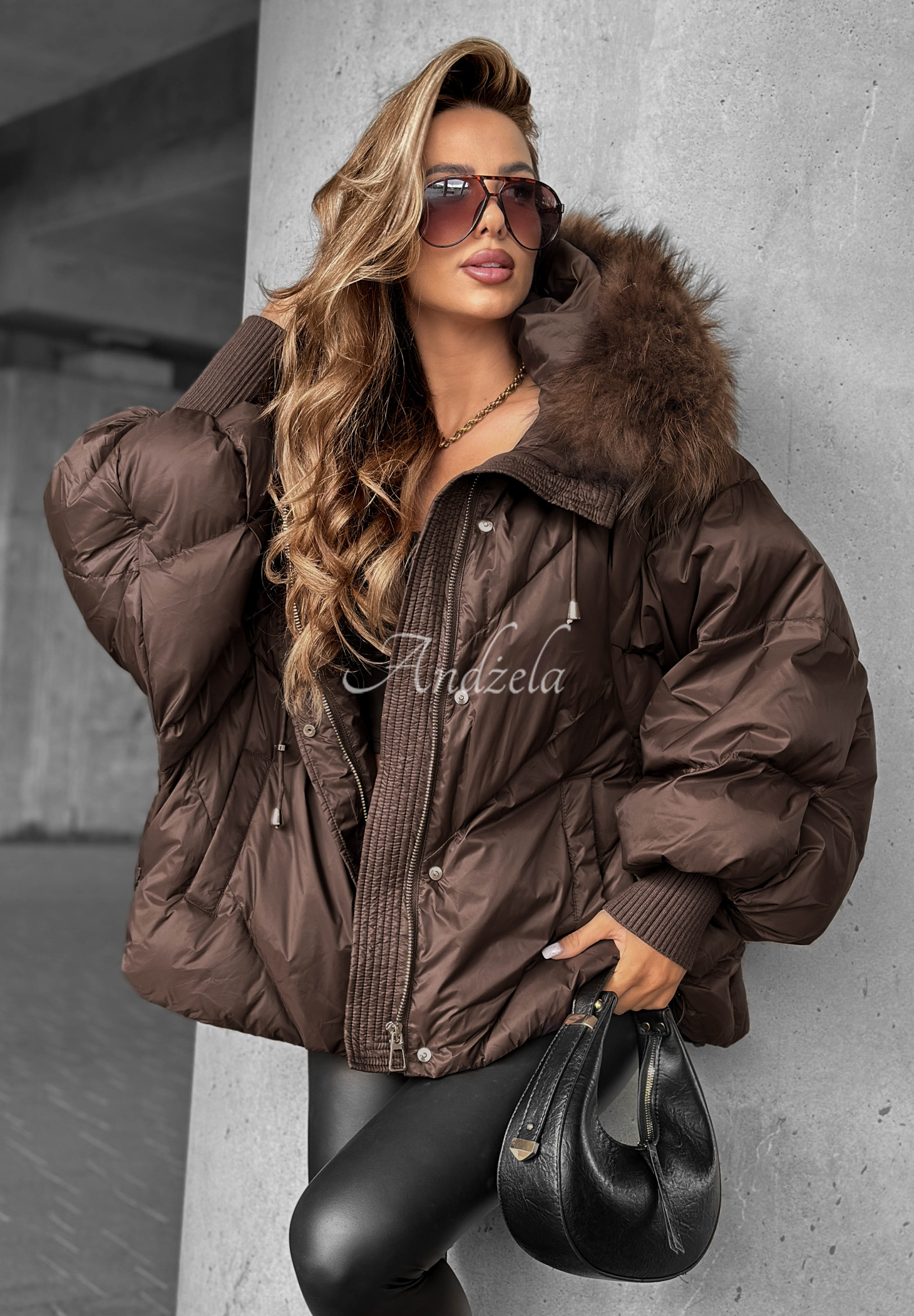 ジャケット・アウター chocolate Down jacket with hood Look Again chocolate. - Andżela Online Store