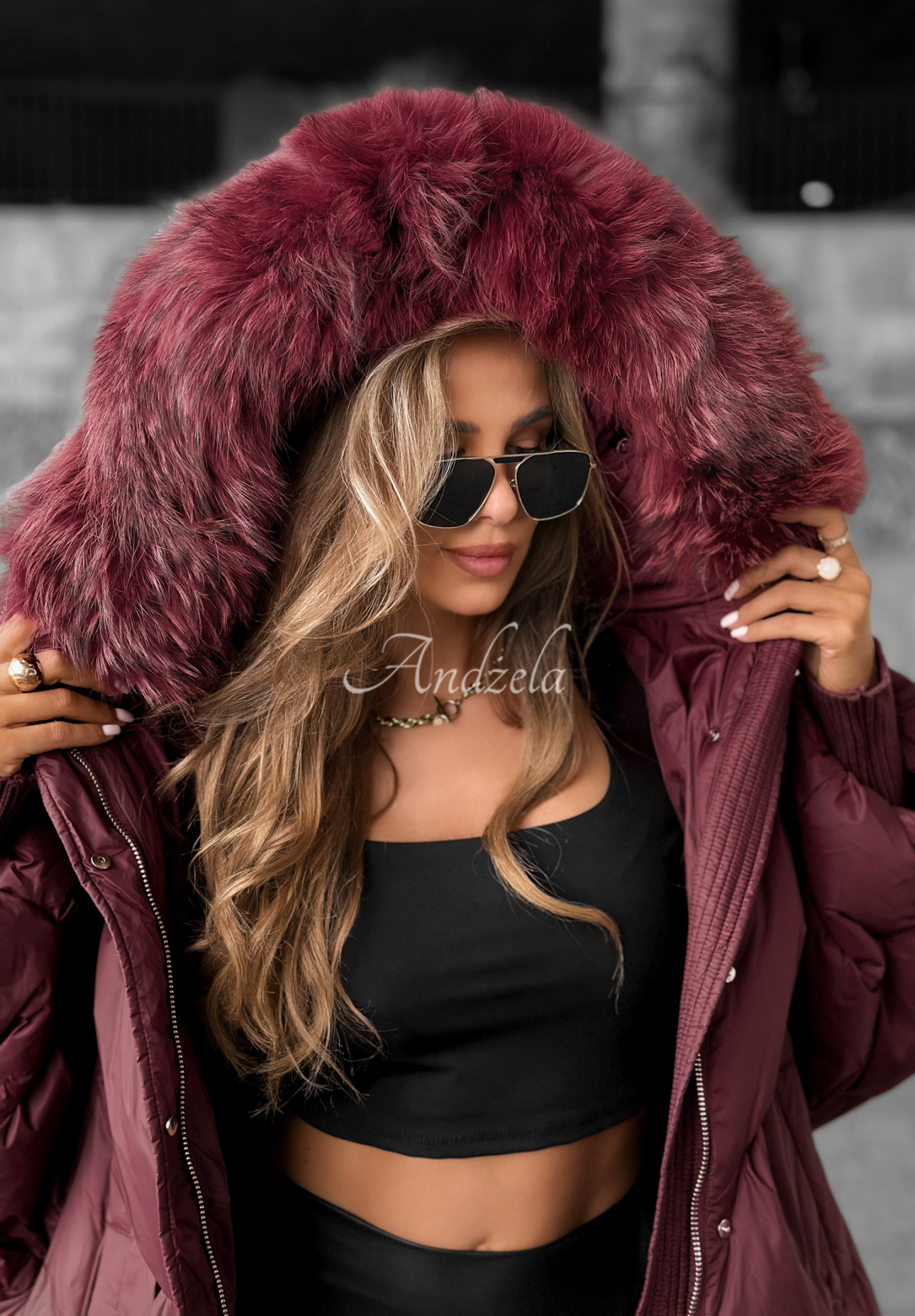 Down hooded jacket Look Again burgundy