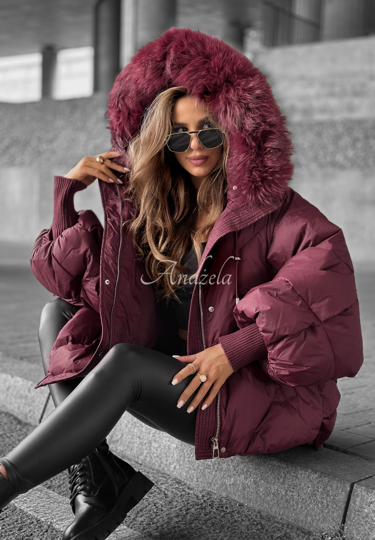 Down hooded jacket Look Again burgundy