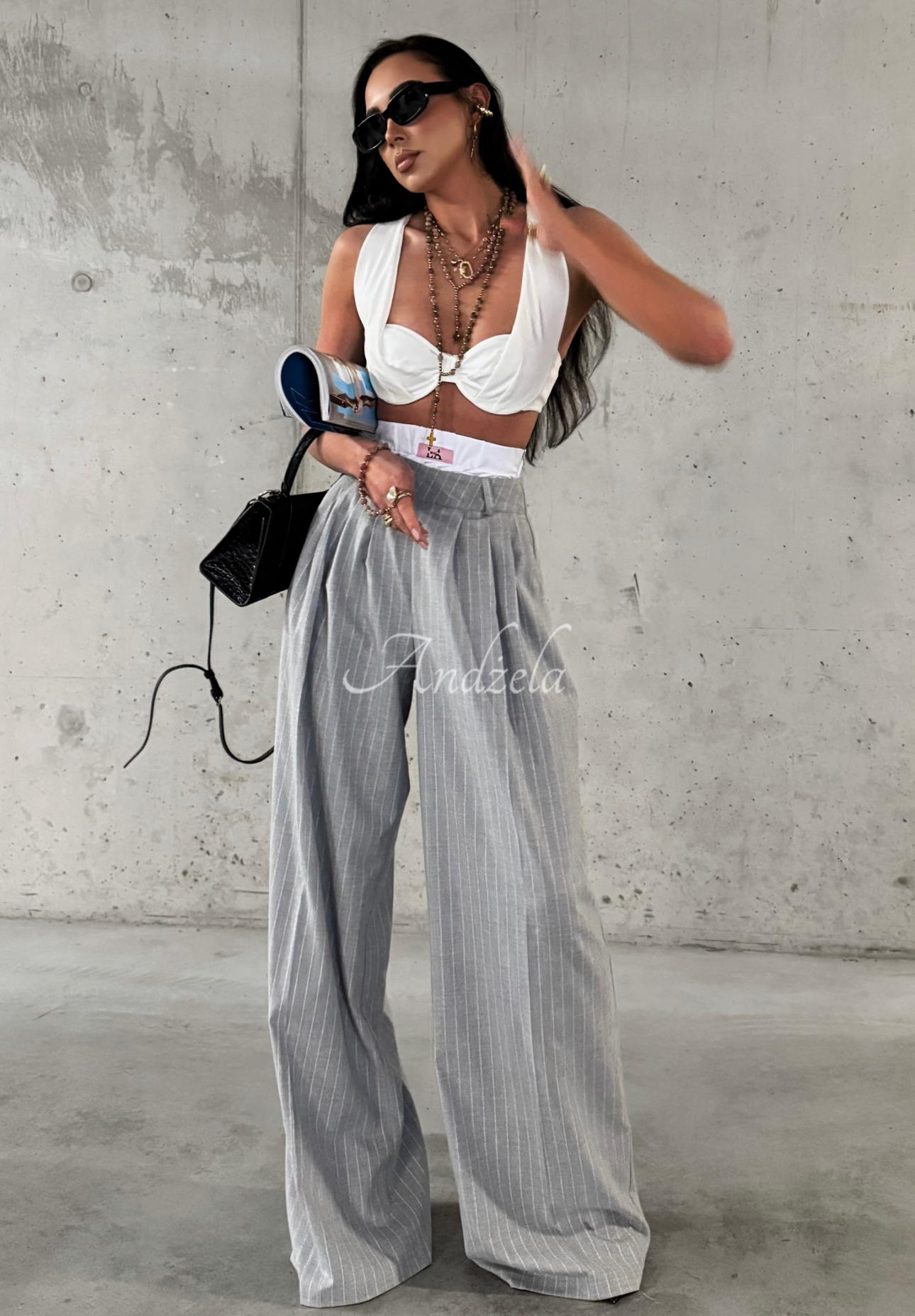 Viscose striped wide leg pants La Milla Think About Us grey