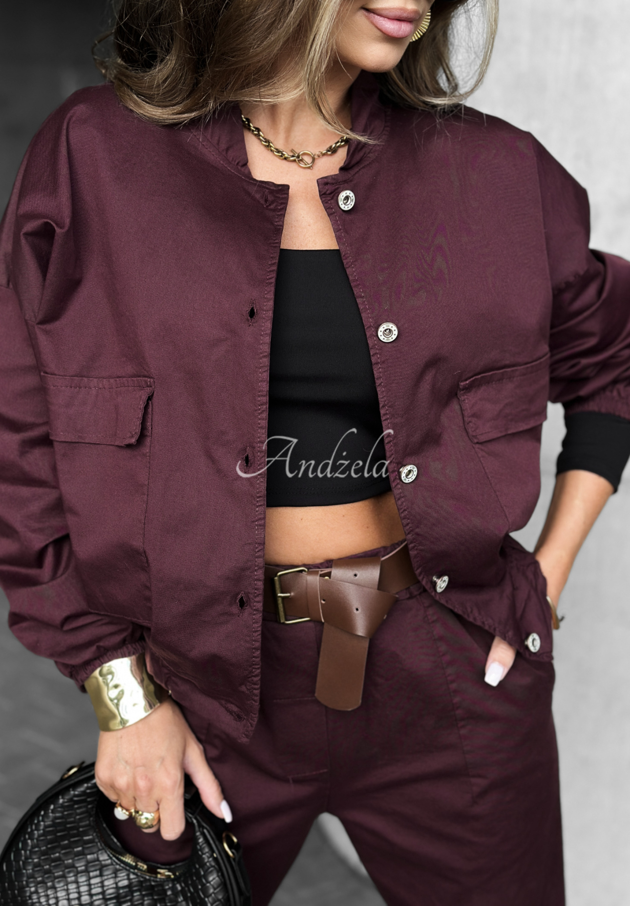 In Front Of You burgundy short bomber jacket