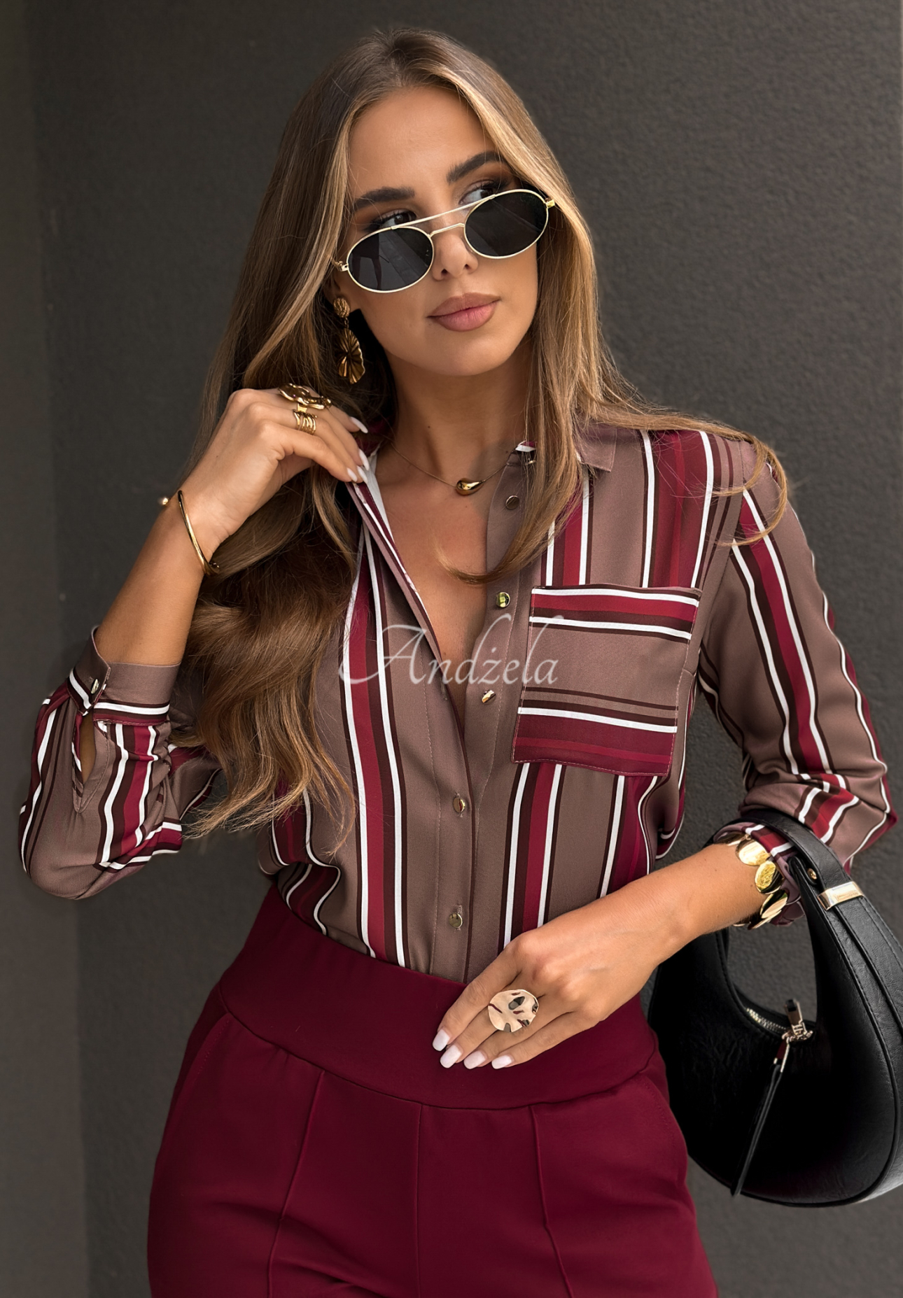 Wzorzysta koszula w paski One Word czekoladowo-burgundowa