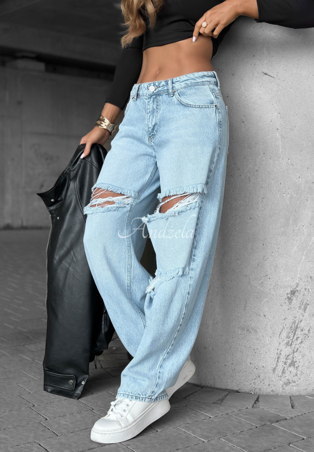 It's Complicated blue wide leg denim pants with rubbed edges