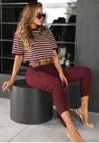 T-shirt w paski Long Story burgundowy